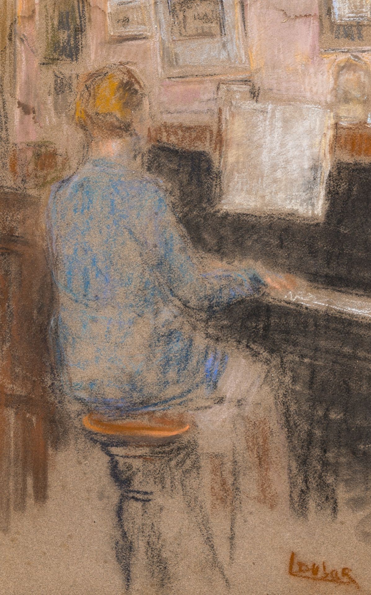 Louis Dubar (1876-1951): A pianist & A church entrance, pastel on paper (two-sided)