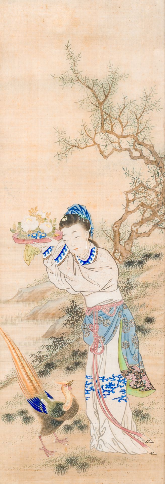 Chinese school: Two scenes with ladies in a landscape, ink and colours on silk, 19th/20th C. - Image 3 of 4