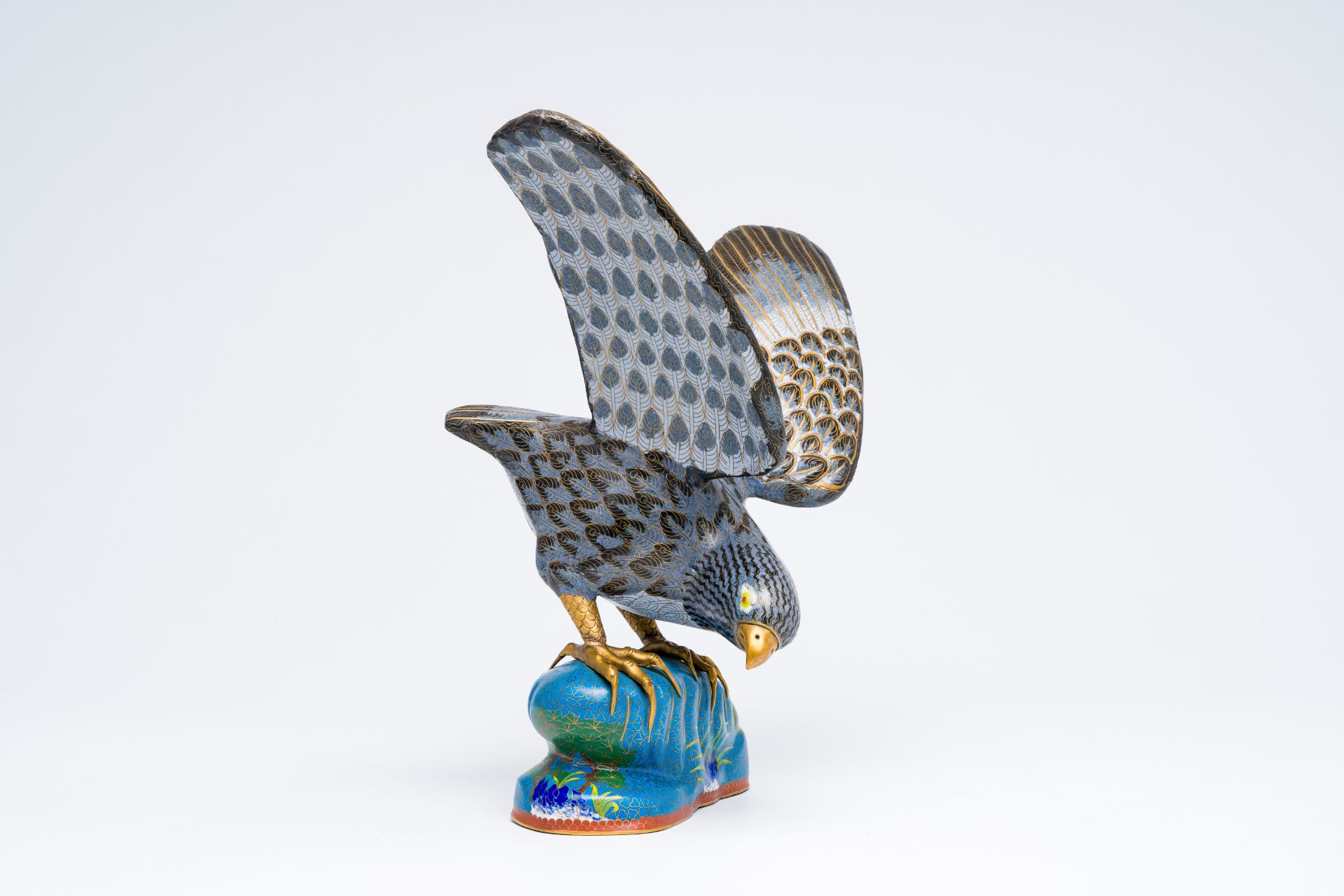 A large Chinese cloisonne model of a hawk, 20th C.