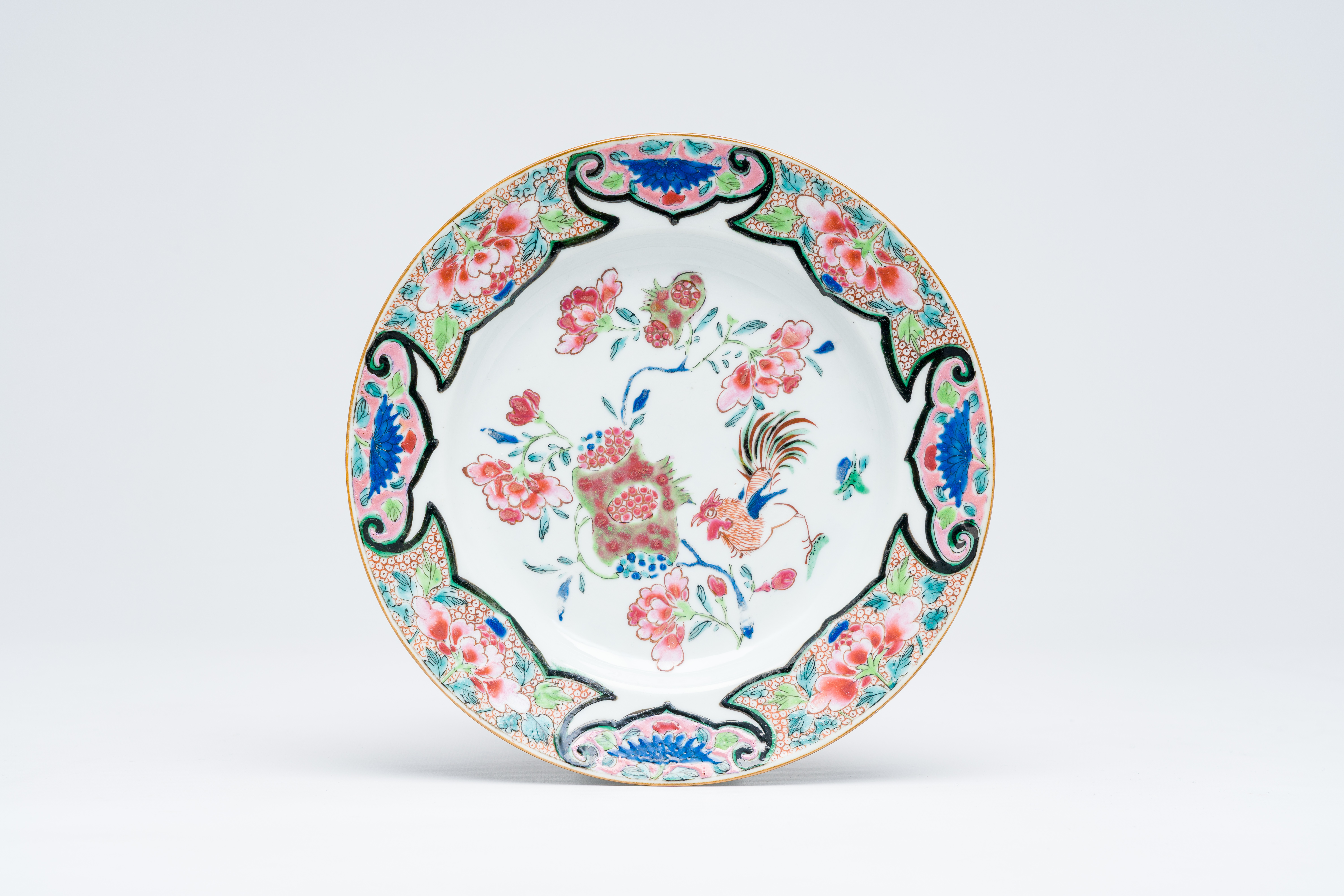 A Chinese famille rose 'rooster and pomegranate' plate, Qianlong