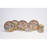 Five Chinese Canton famille rose plates and a jar and cover with palace scenes and floral design, 19