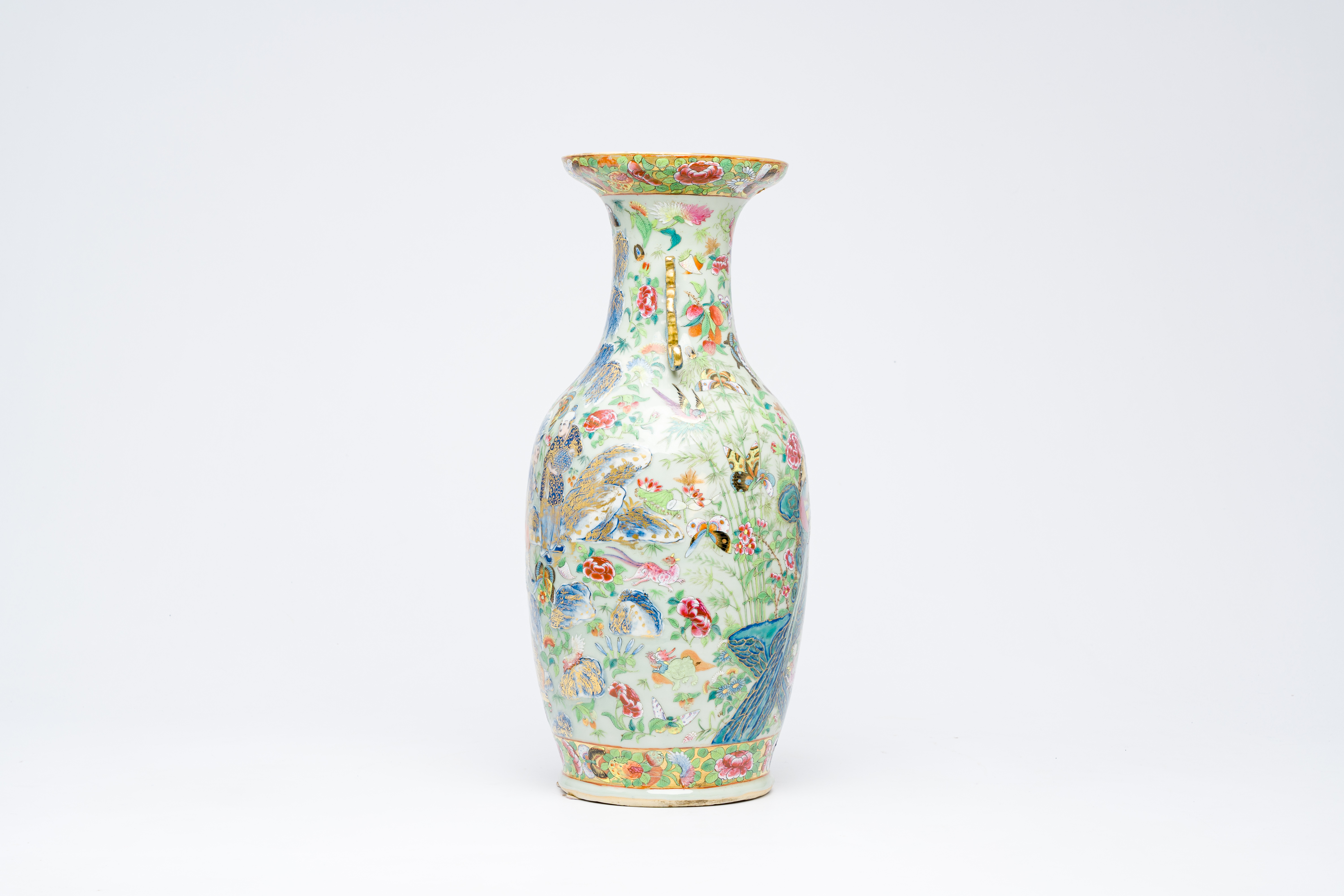 A Chinese Canton famille rose celadon ground vase with animals and figures among flowering branches, - Image 4 of 6