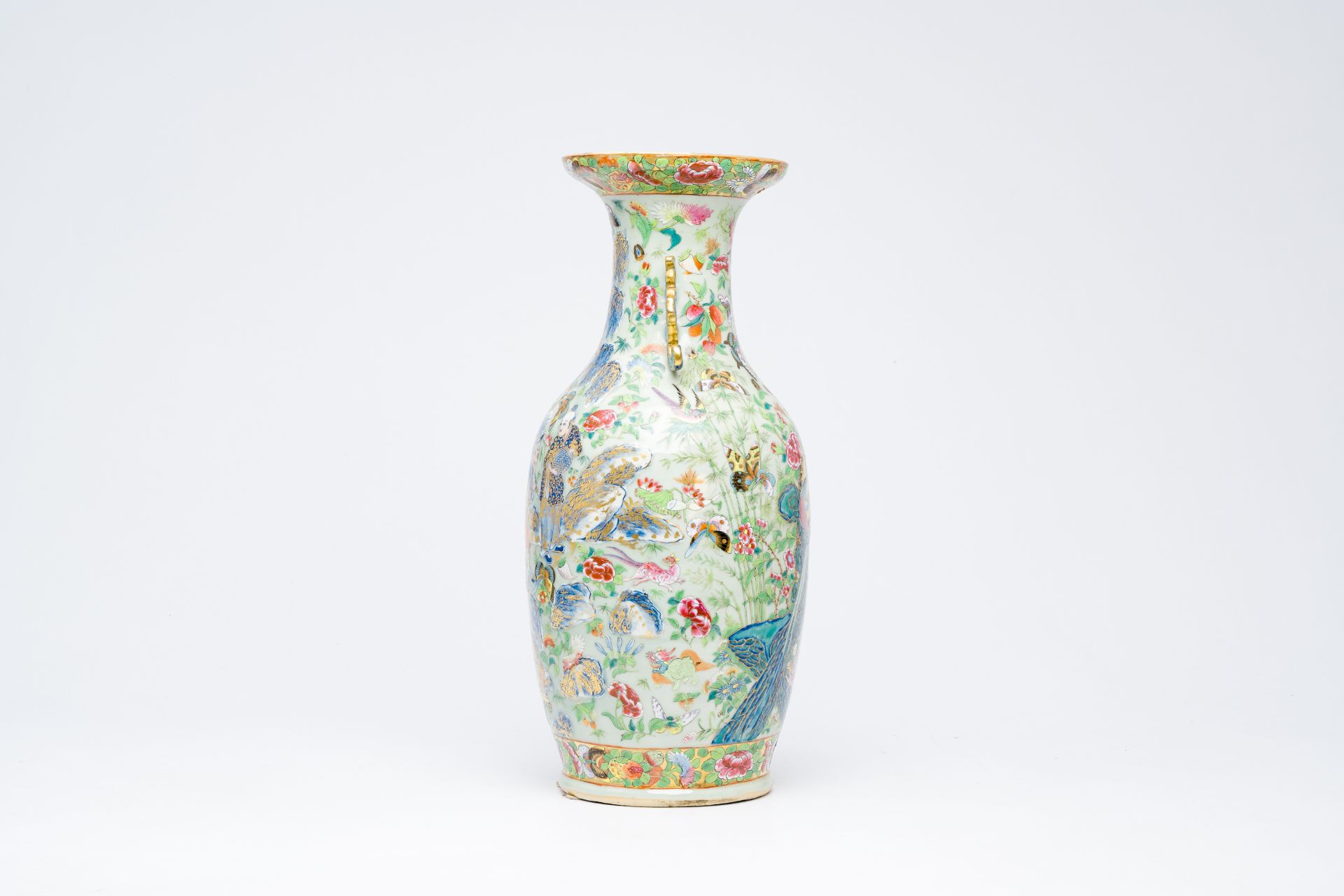 A Chinese Canton famille rose celadon ground vase with animals and figures among flowering branches, - Bild 4 aus 6