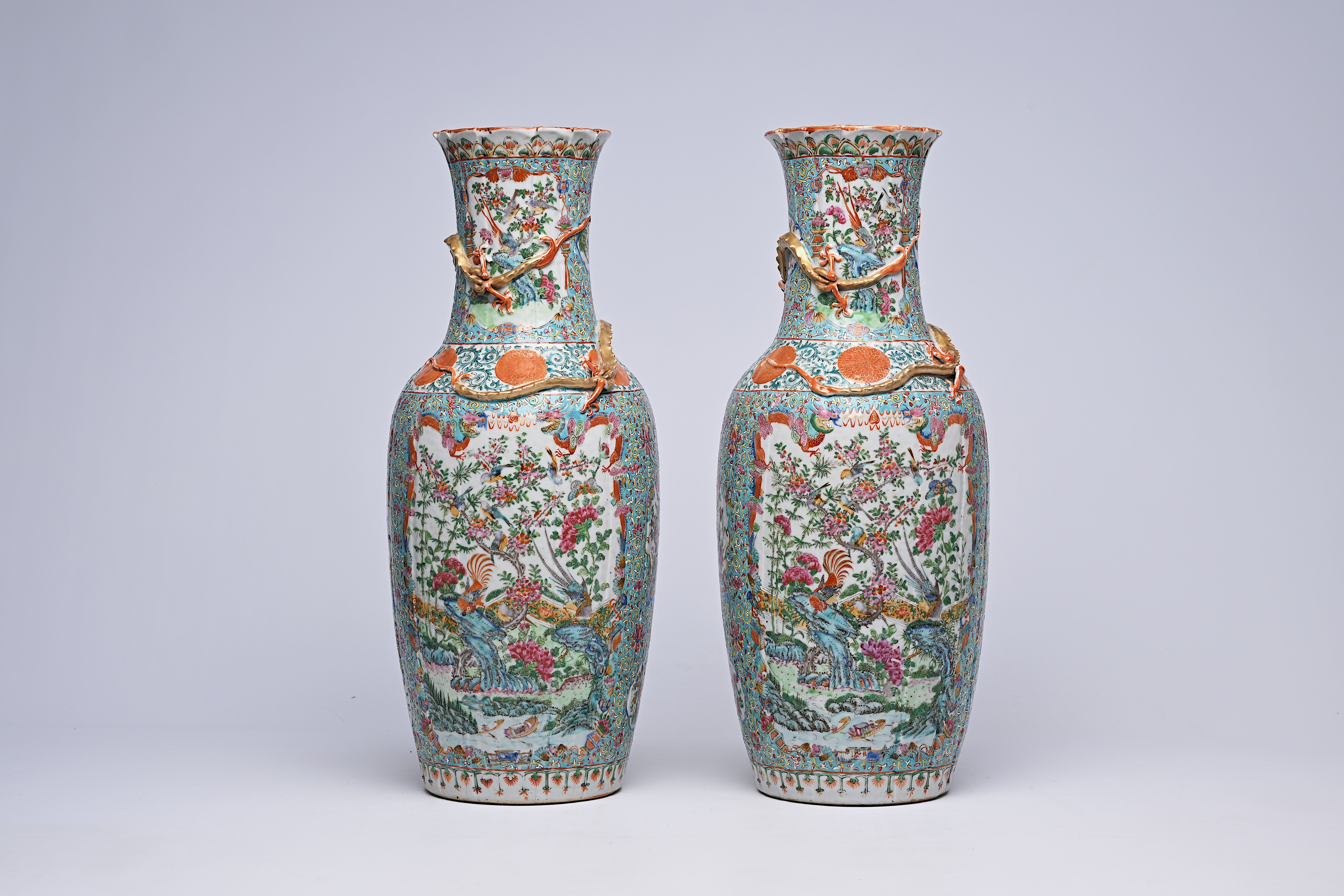 A pair of Chinese Canton famille rose turquoise ground vases with birds among blossoming branches, 1 - Image 2 of 8