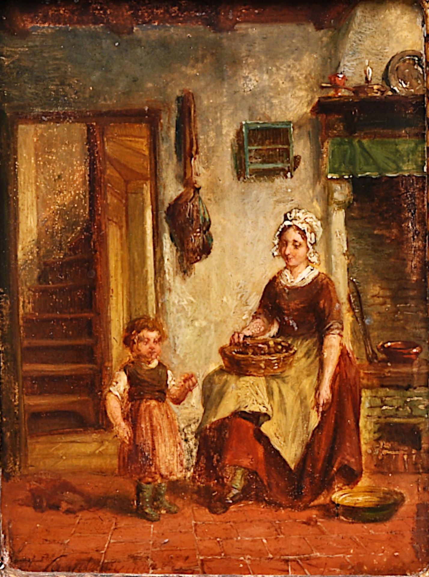 Illegibly signed: Mother and daughter in the kitchen, oil on panel, 19th/20th C. - Bild 5 aus 5