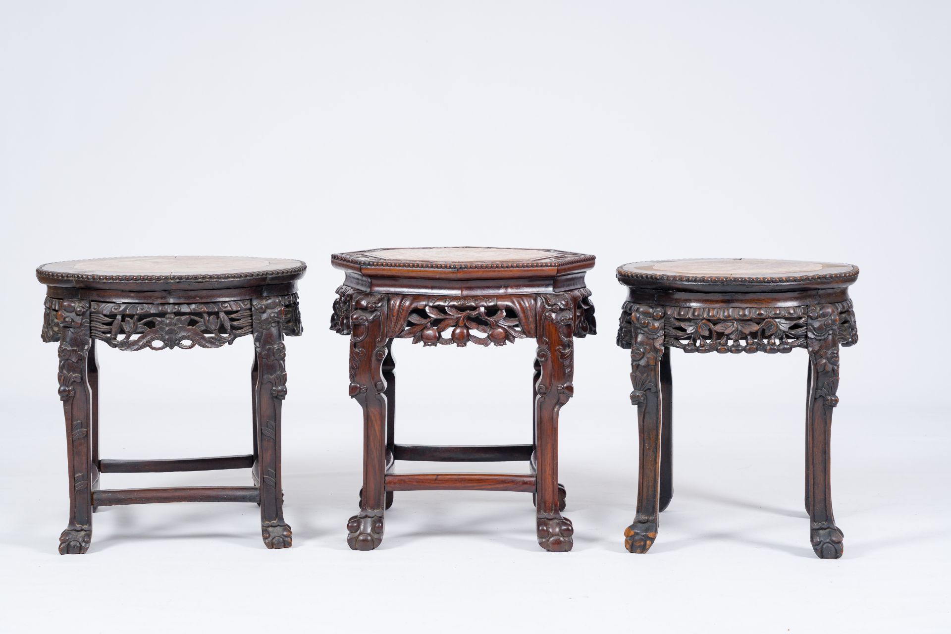 Three Chinese reticulated hardwood stands with marble tops, 20th C. - Image 5 of 7