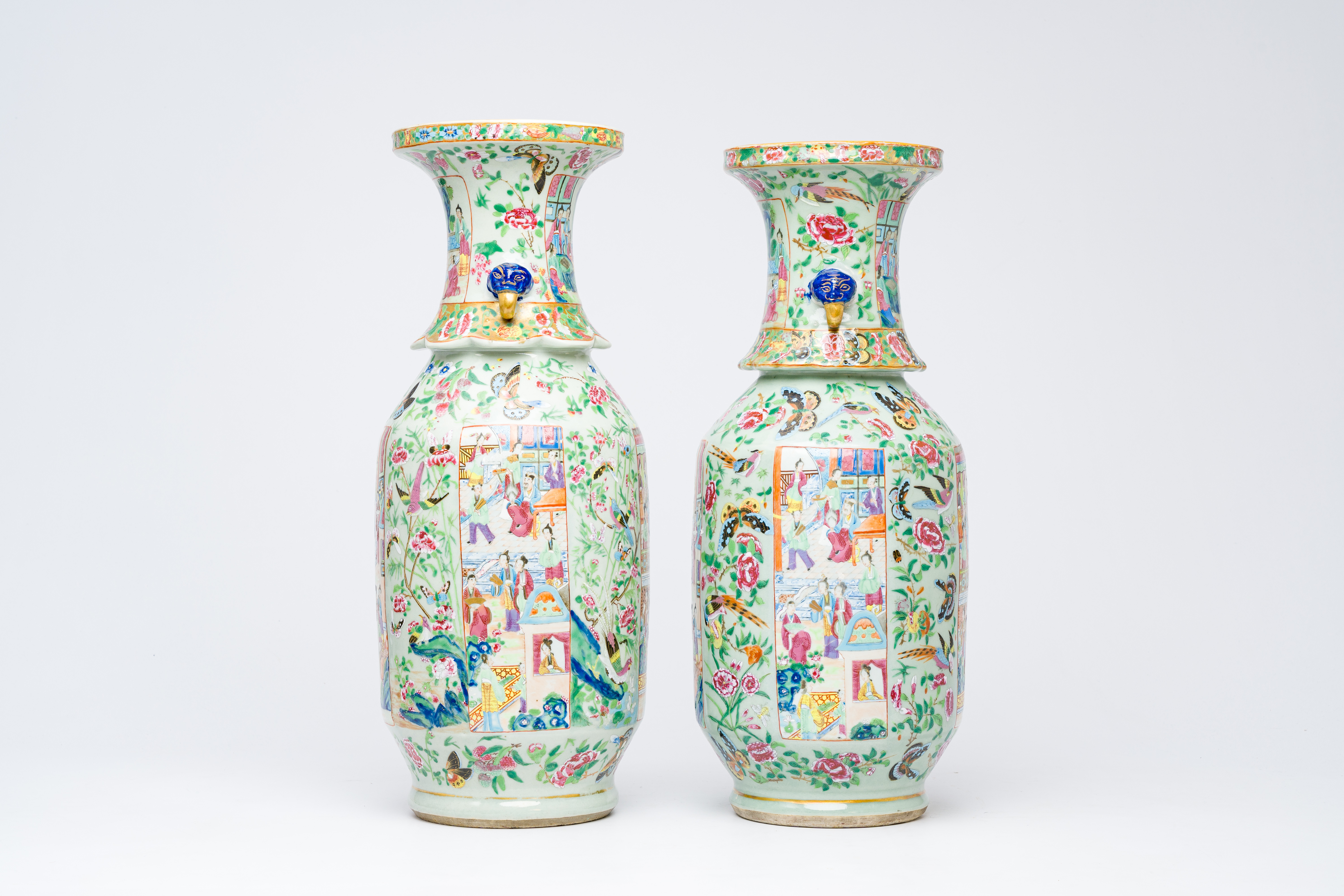 Two Chinese Canton famille rose celadon ground vases with palace scenes and birds and butterflies am - Image 2 of 6