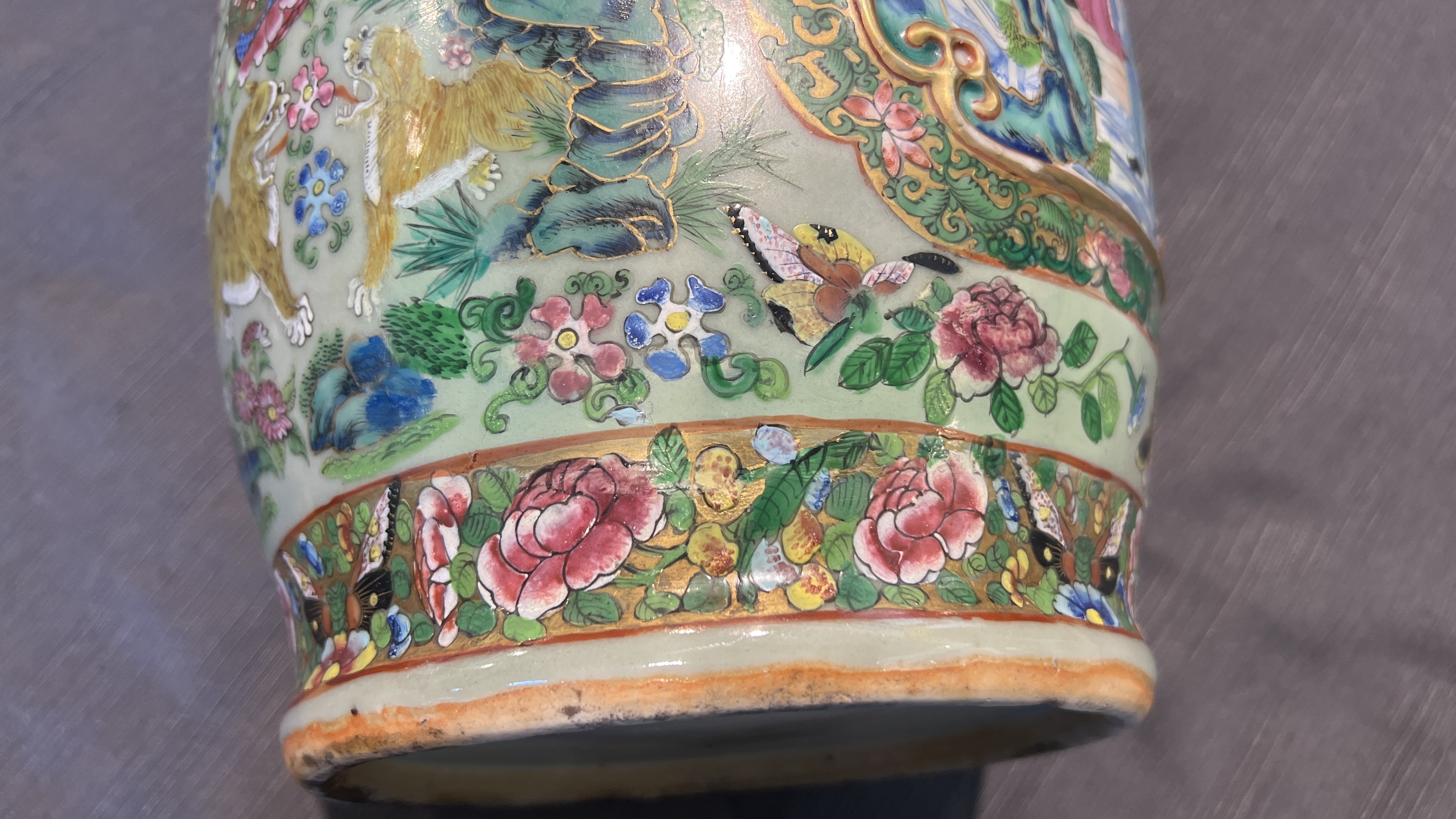 A pair of Chinese Canton famille rose celadon ground vases with palace scenes, animals and antiquiti - Image 47 of 64