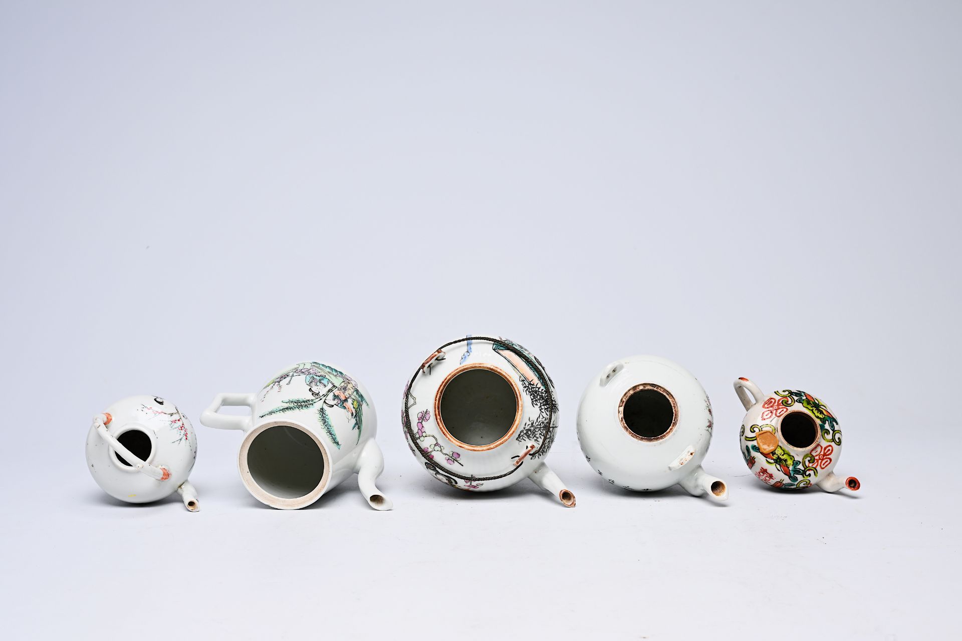 Five Chinese famille rose and qianjiang cai teapots and covers with floral and figurative design, 19 - Image 6 of 8