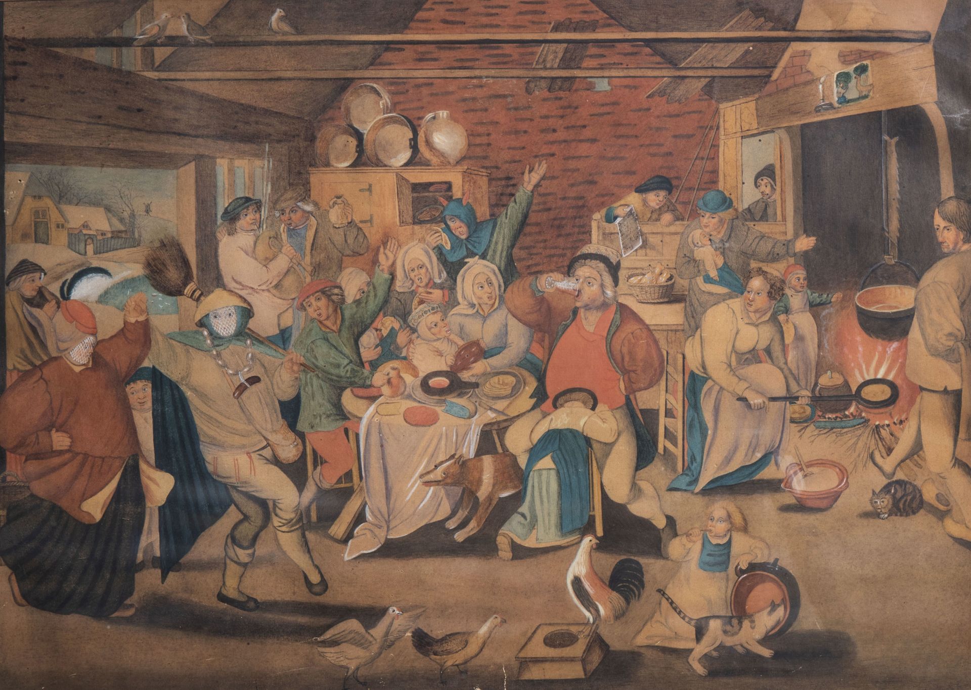 Flemish school, after Pieter Brueghel II (1564-1638): Peasants making merry in an interior, watercol
