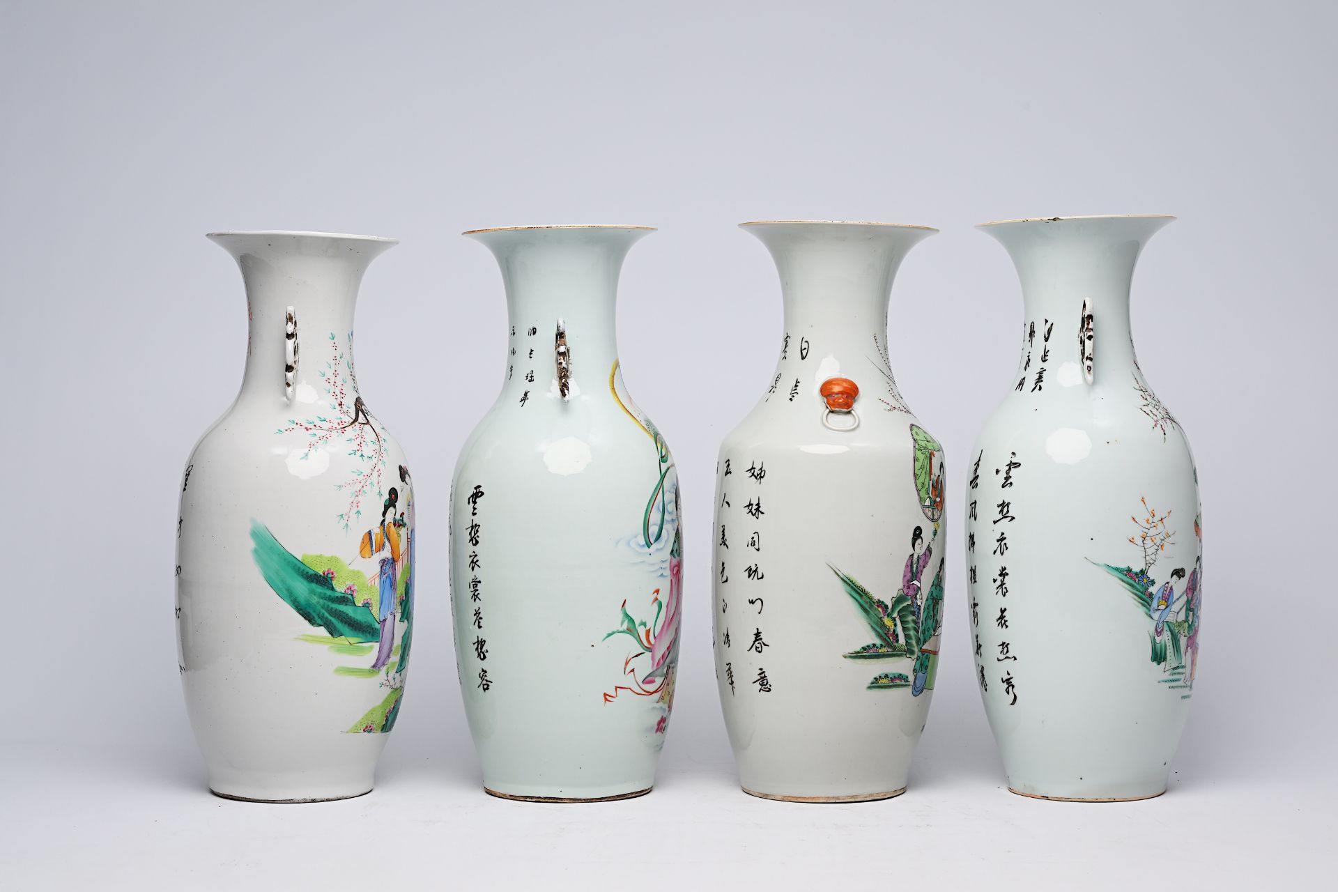 Four various Chinese famille rose and qianjiang cai vases with ladies, 19th/20th C. - Image 7 of 14