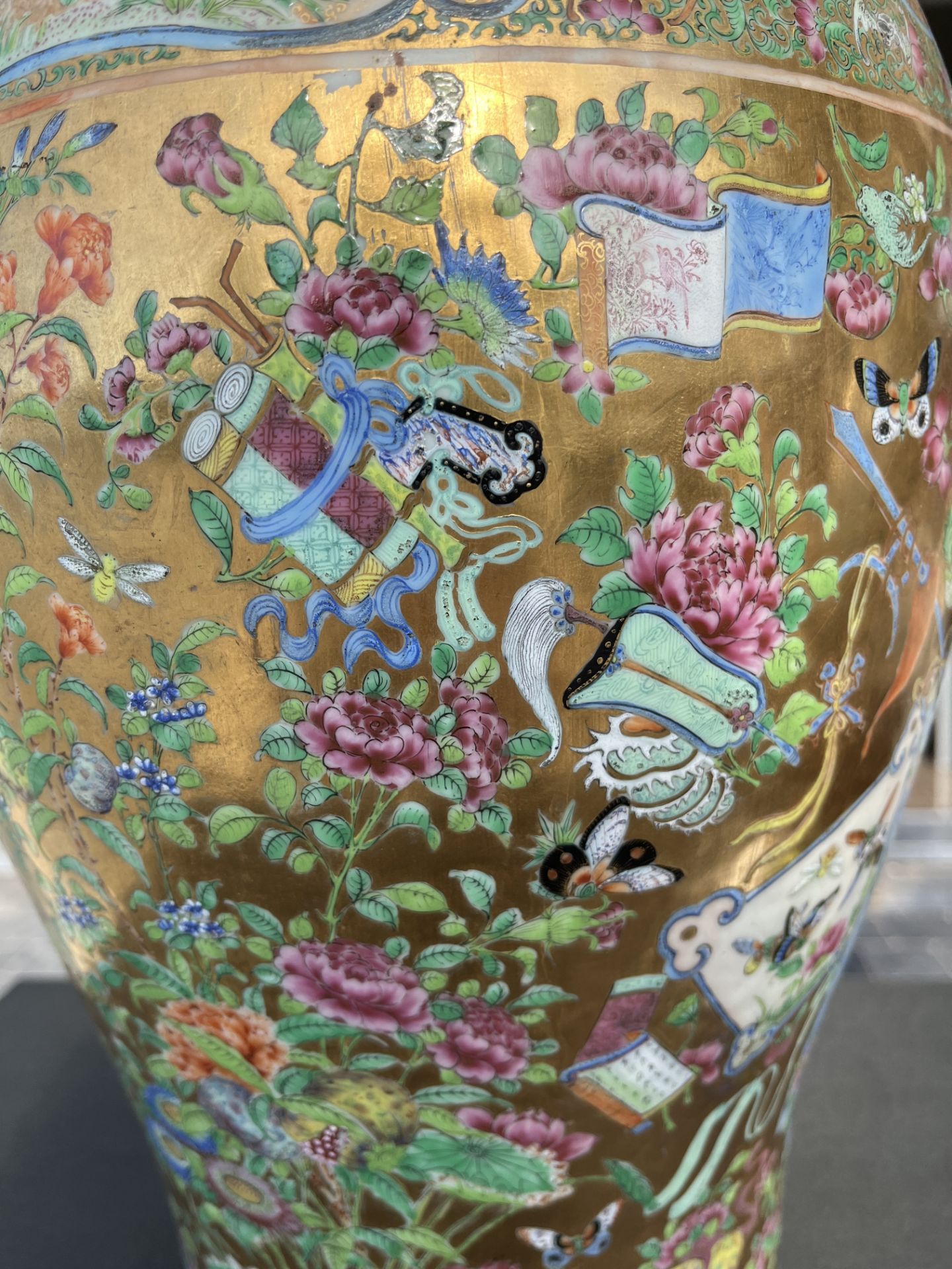 A pair of Chinese Canton famille rose gold ground vases with birds and butterflies among blossoming - Image 43 of 60