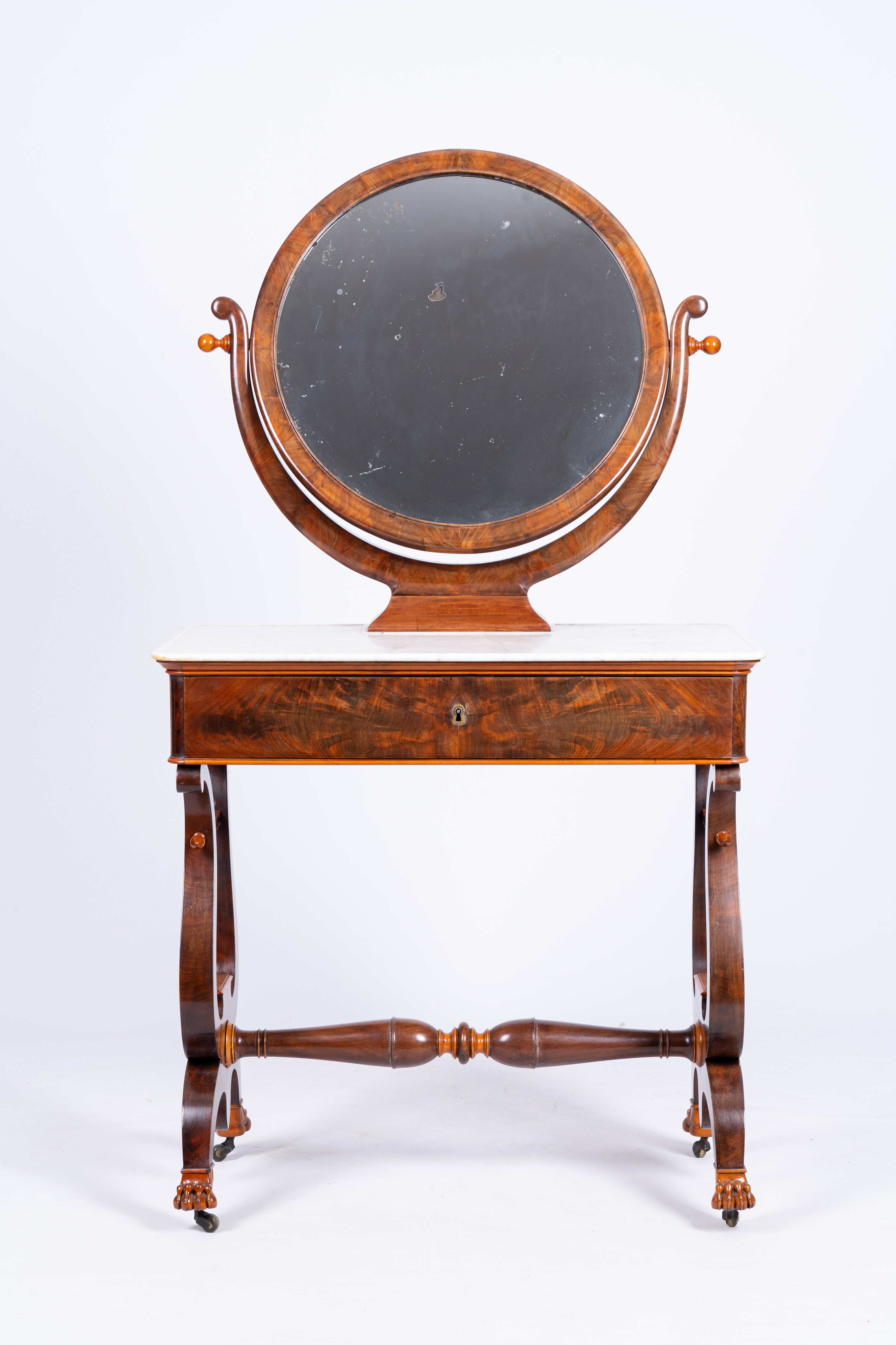 A mahogany toiletry table with lyre harp shaped base and marble top, 19th C. - Image 2 of 6