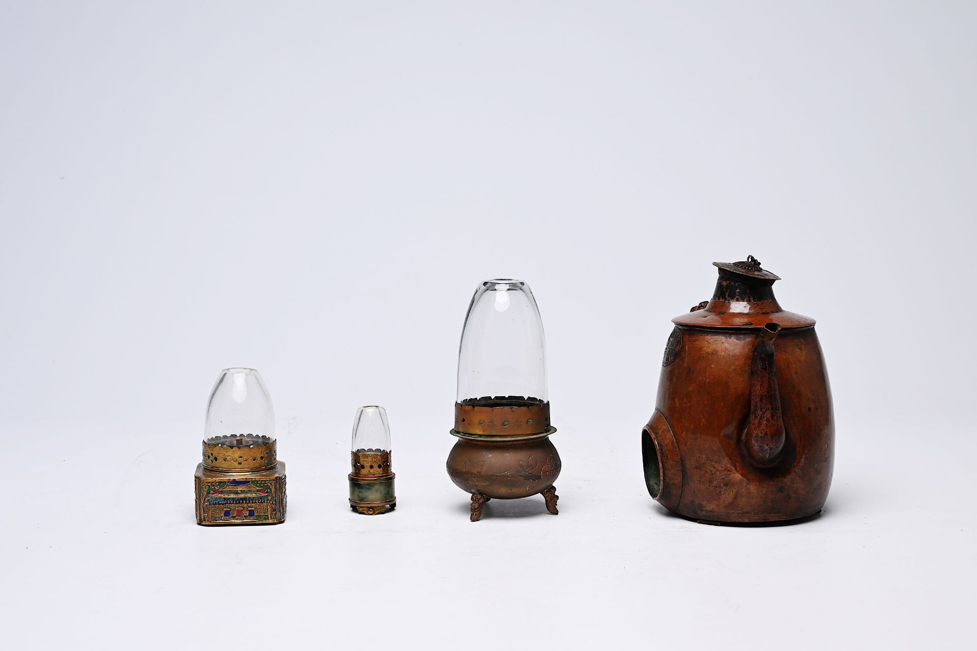 Three Chinese brass opium lamps and a wine warmer, Republic - Image 6 of 9