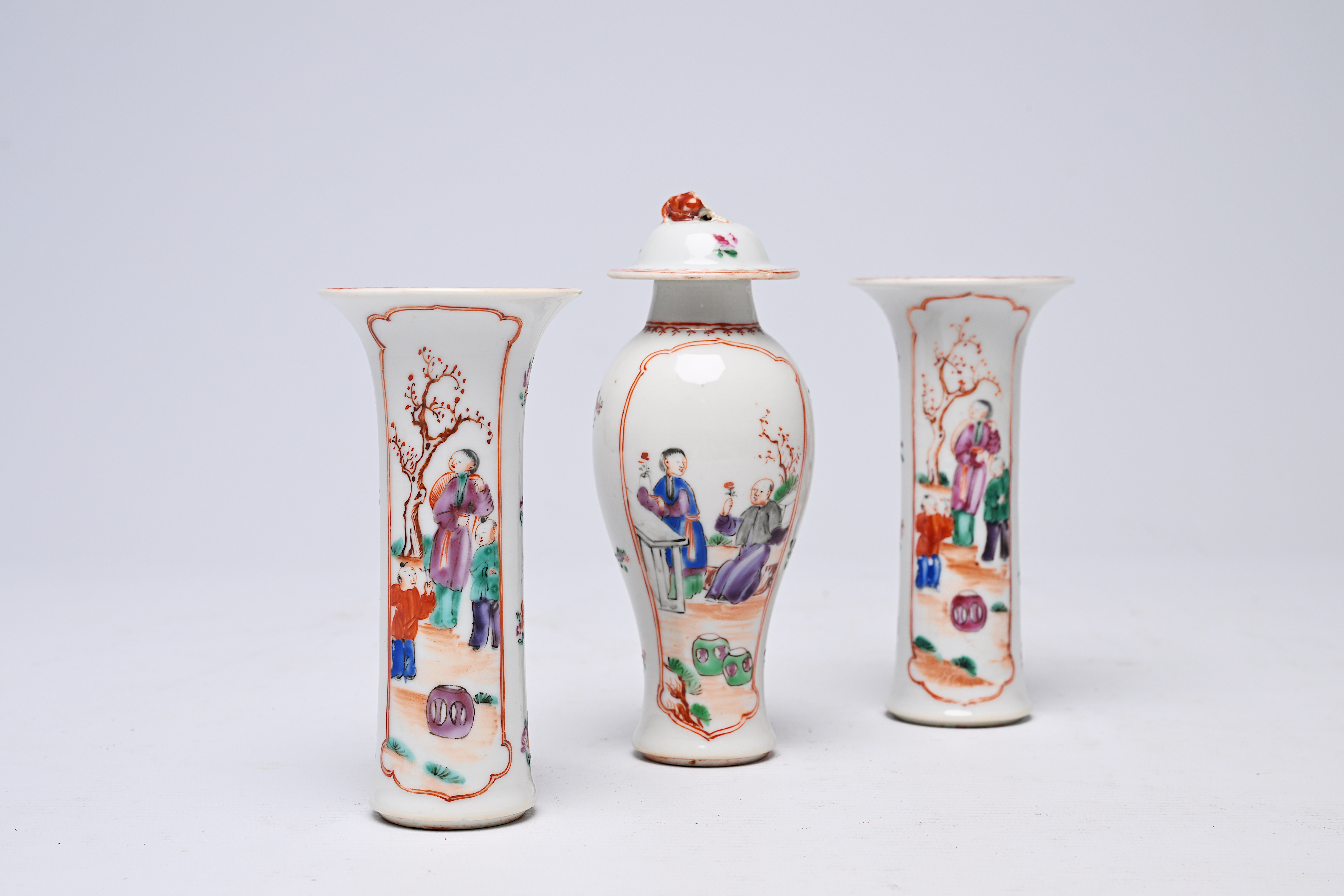A Chinese famille rose three-piece 'mandarin subject' garniture, Qianlong - Image 6 of 6