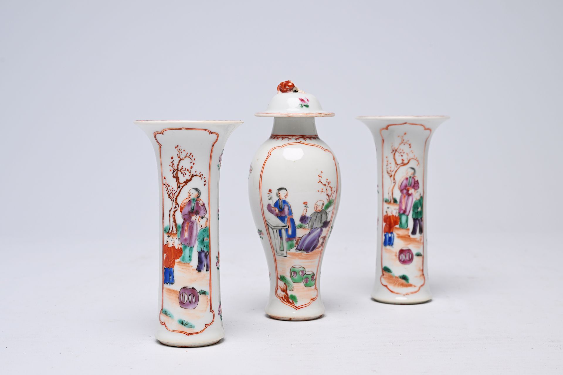 A Chinese famille rose three-piece 'mandarin subject' garniture, Qianlong - Image 6 of 6