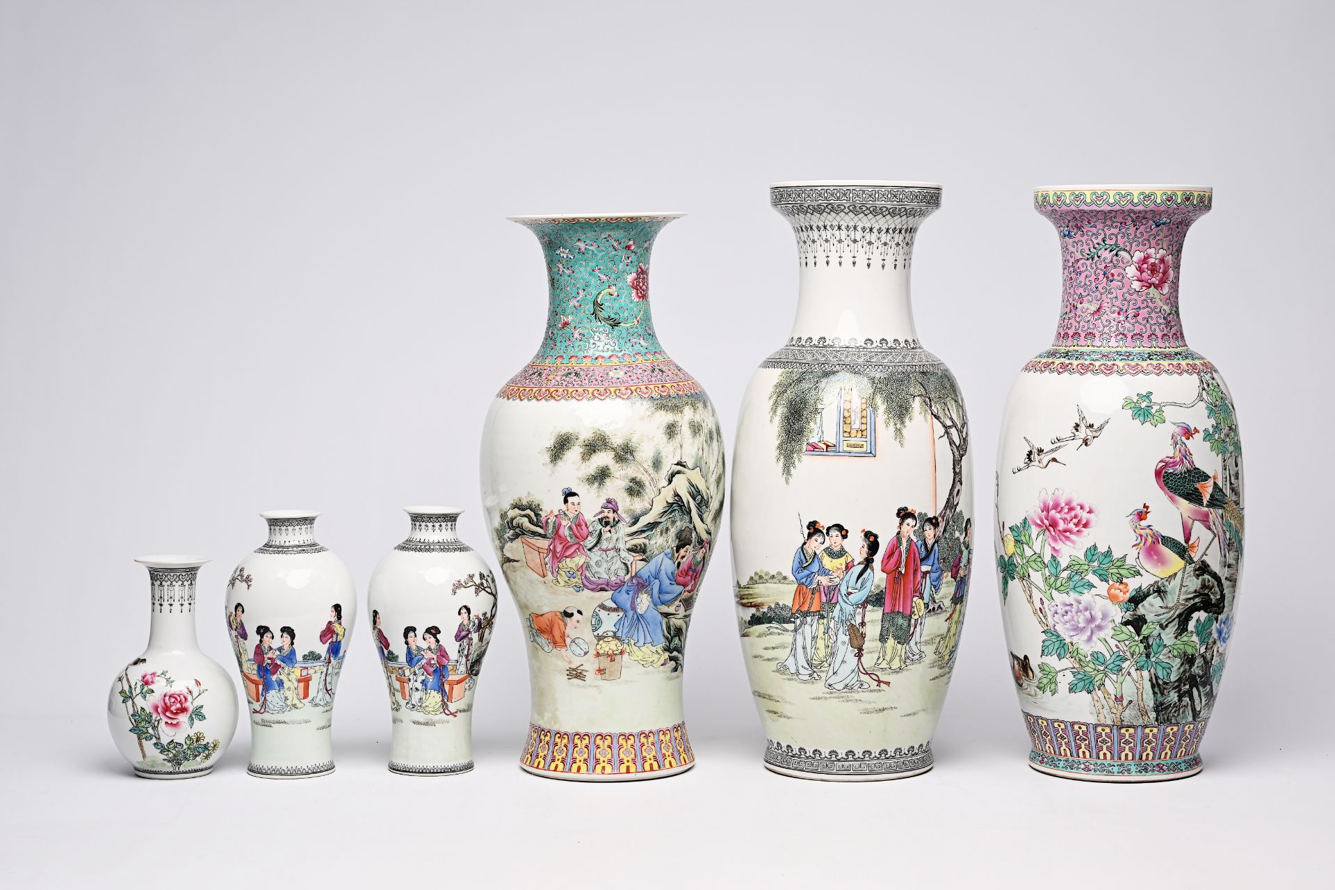 Six Chinese famille rose vases with figures in a landscape and birds between blossoming branches, 20 - Bild 2 aus 20