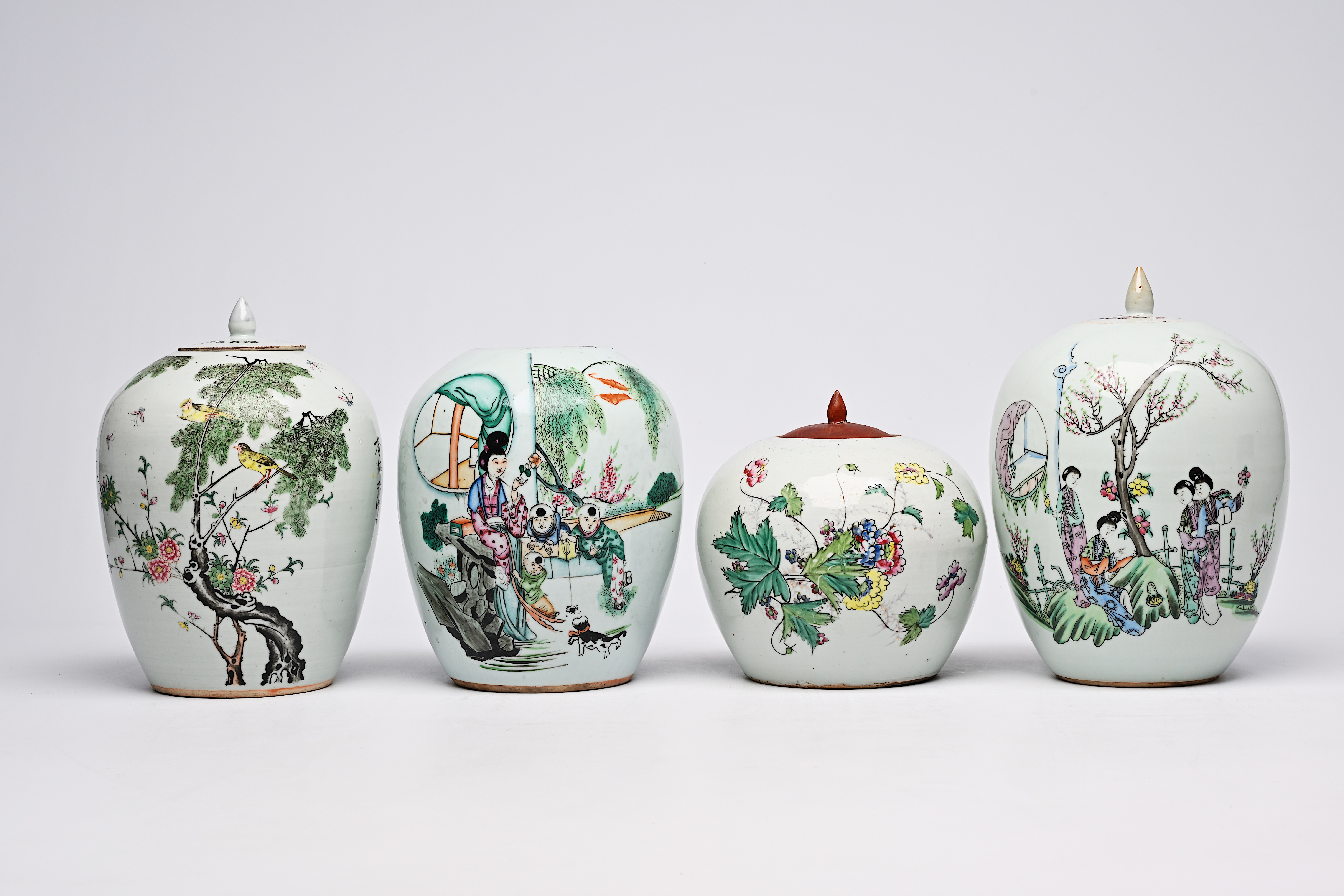 Four various Chinese famille rose and qianjiang cai jars, 19th/20th C.