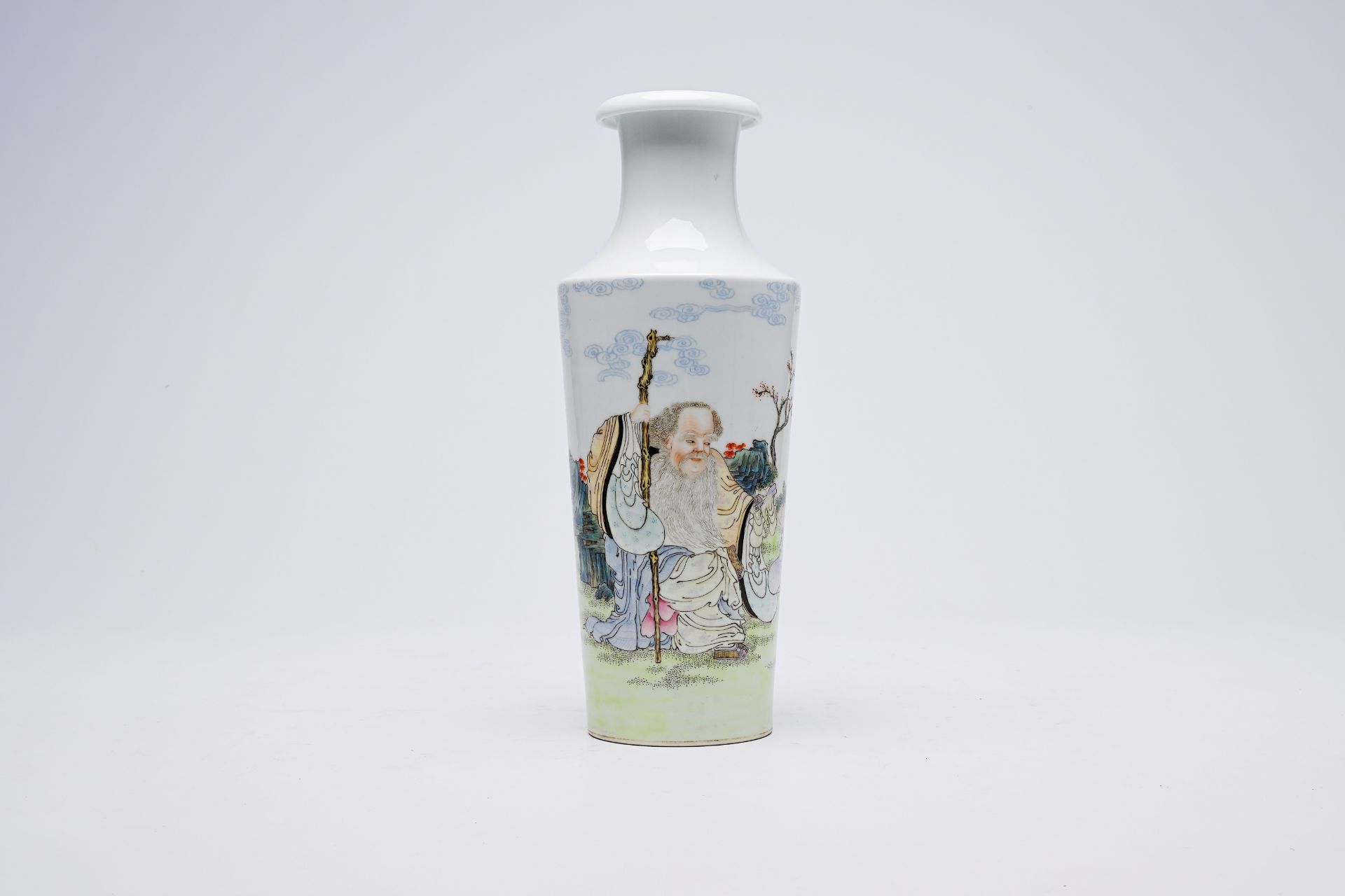 A Chinese famille rose 'scholar and student' vase, Shende Tang Zhi mark, 20th C.