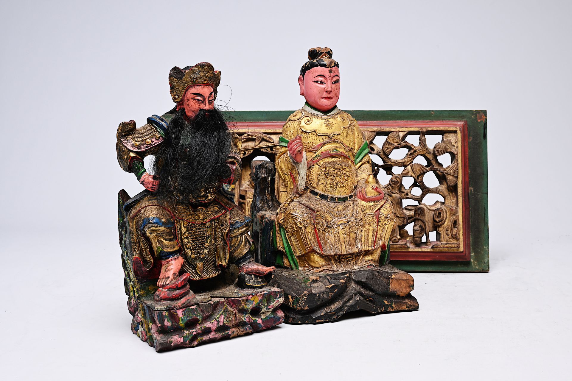 Two Chinese polychromed wood votive figures and a gilt panel, 19th C. - Image 7 of 7