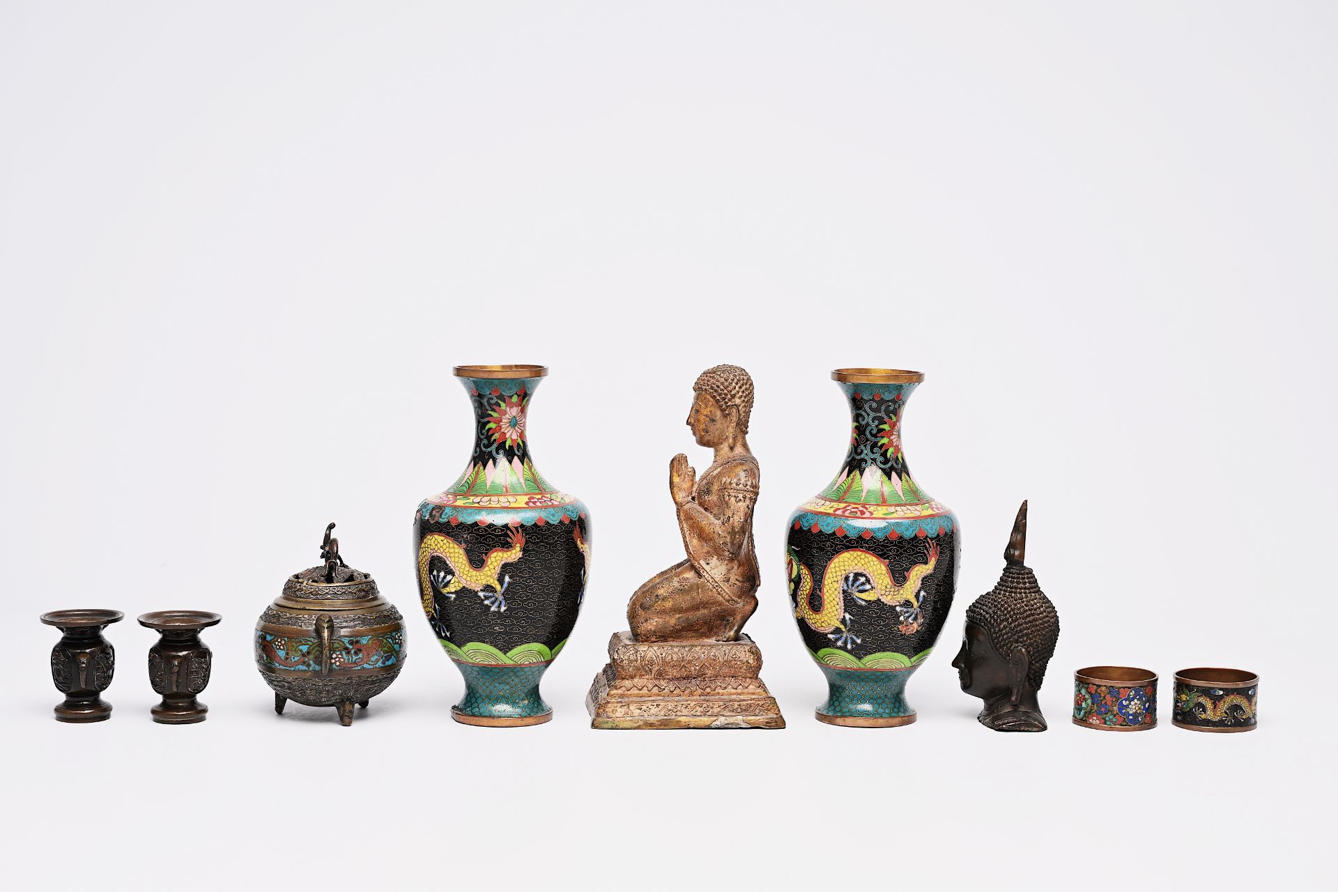 A varied collection of bronze and cloisonne items and two paintings on silk, China, Japan, Burma and - Image 5 of 7