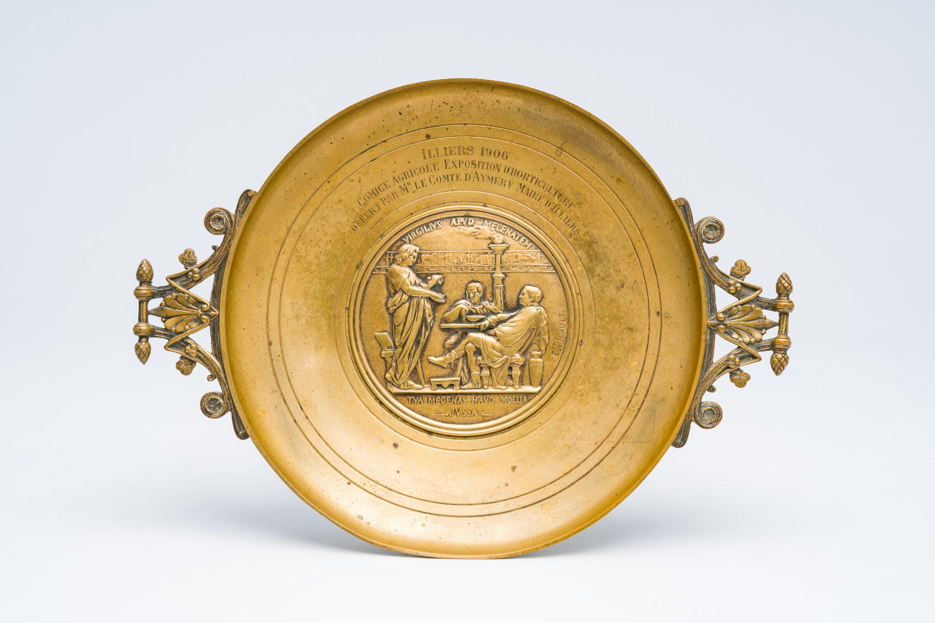 Emile Picault (1833-1915): A French bronze relief decorated tazza, prize for the 'Exposition d'Horti