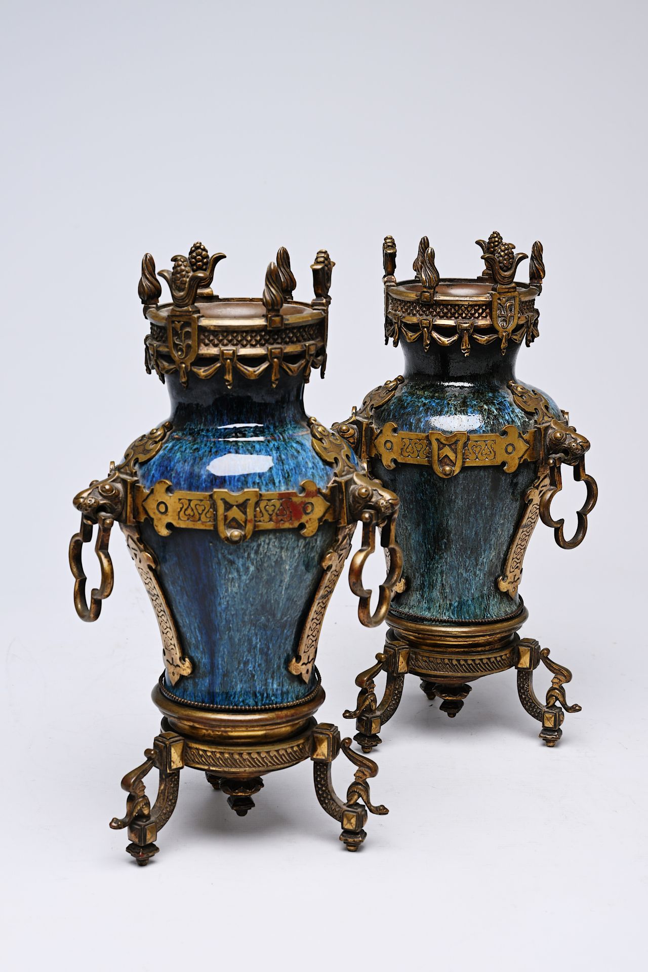 A pair of Chinese flambe glazed vases with gilt bronze mounts, 19th C. - Image 7 of 16