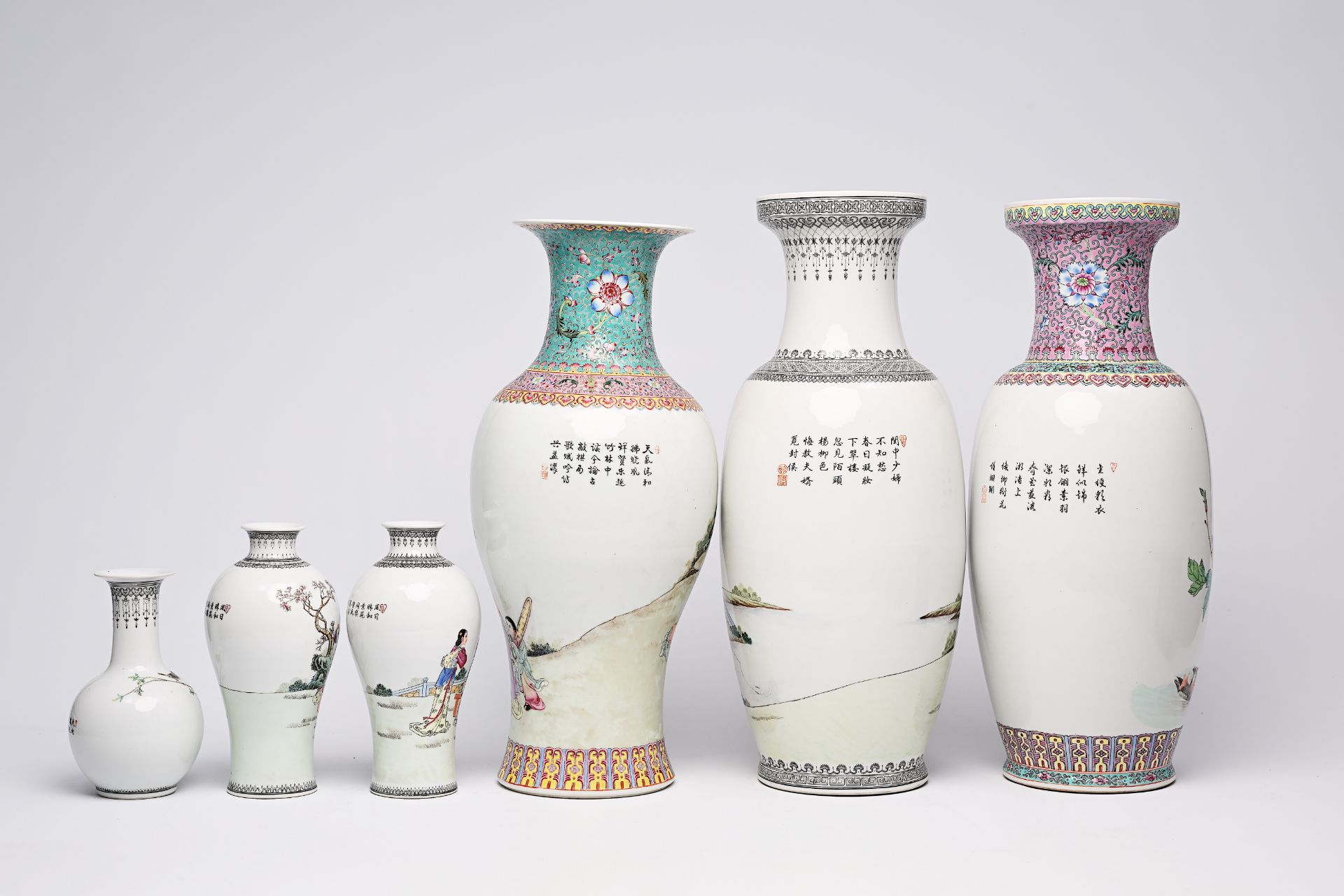 Six Chinese famille rose vases with figures in a landscape and birds between blossoming branches, 20 - Bild 8 aus 20