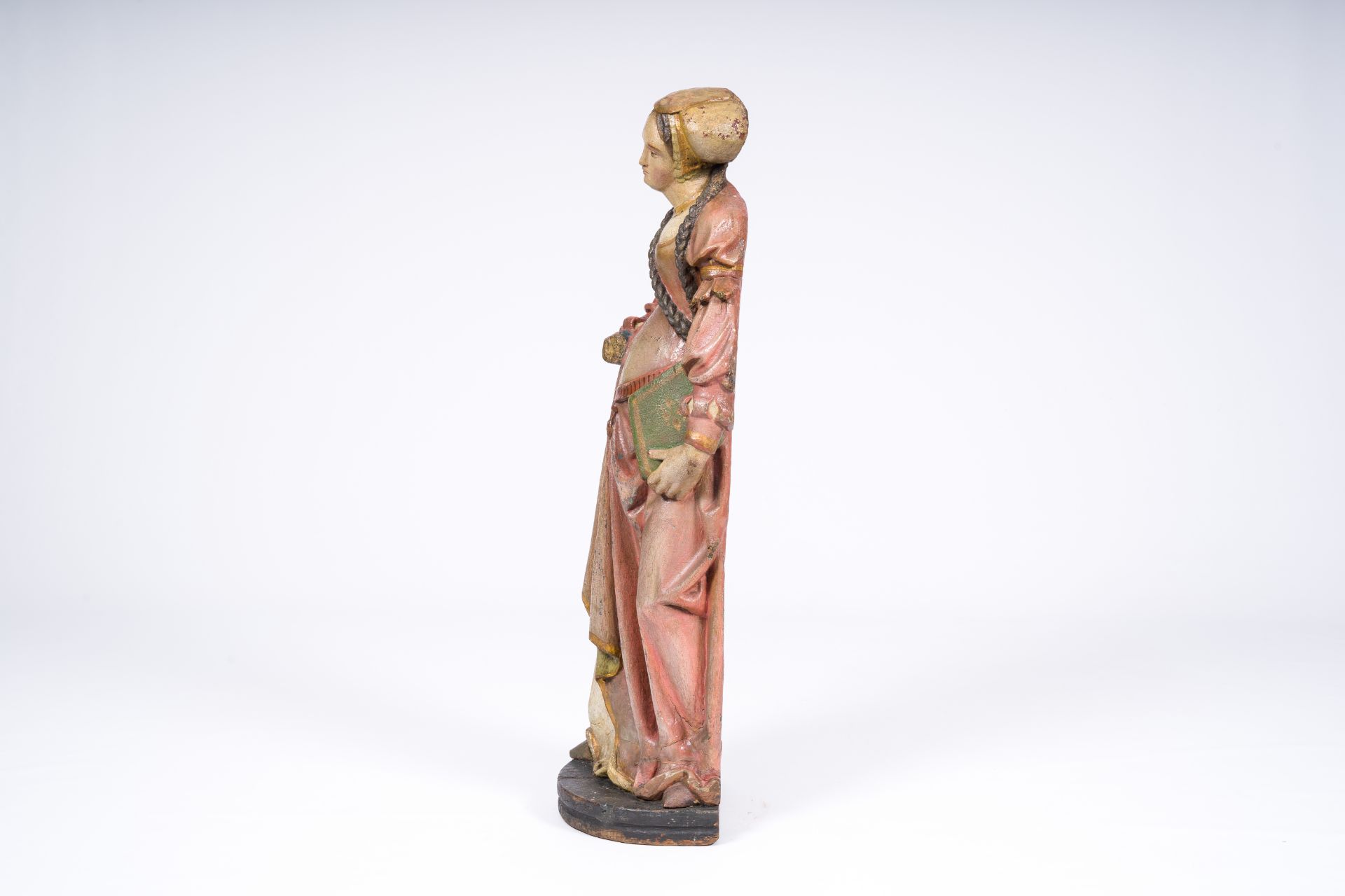 A German carved and polychrome painted wood 'noble lady with a book' figure, probably 16th C. and la - Image 3 of 7