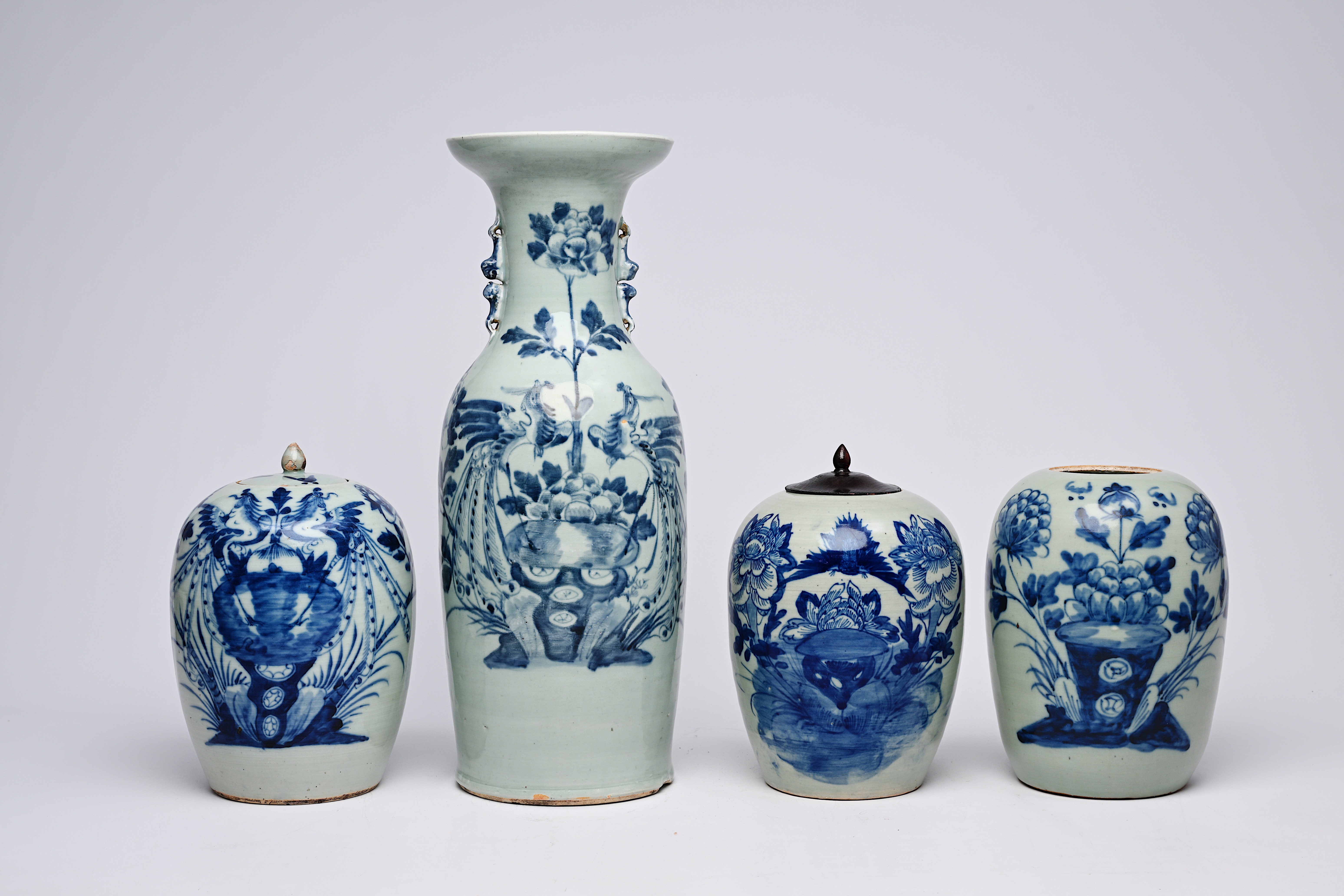 Three Chinese blue and white celadon ground ginger jars and a vase with phoenixes among blossoming b - Image 2 of 12