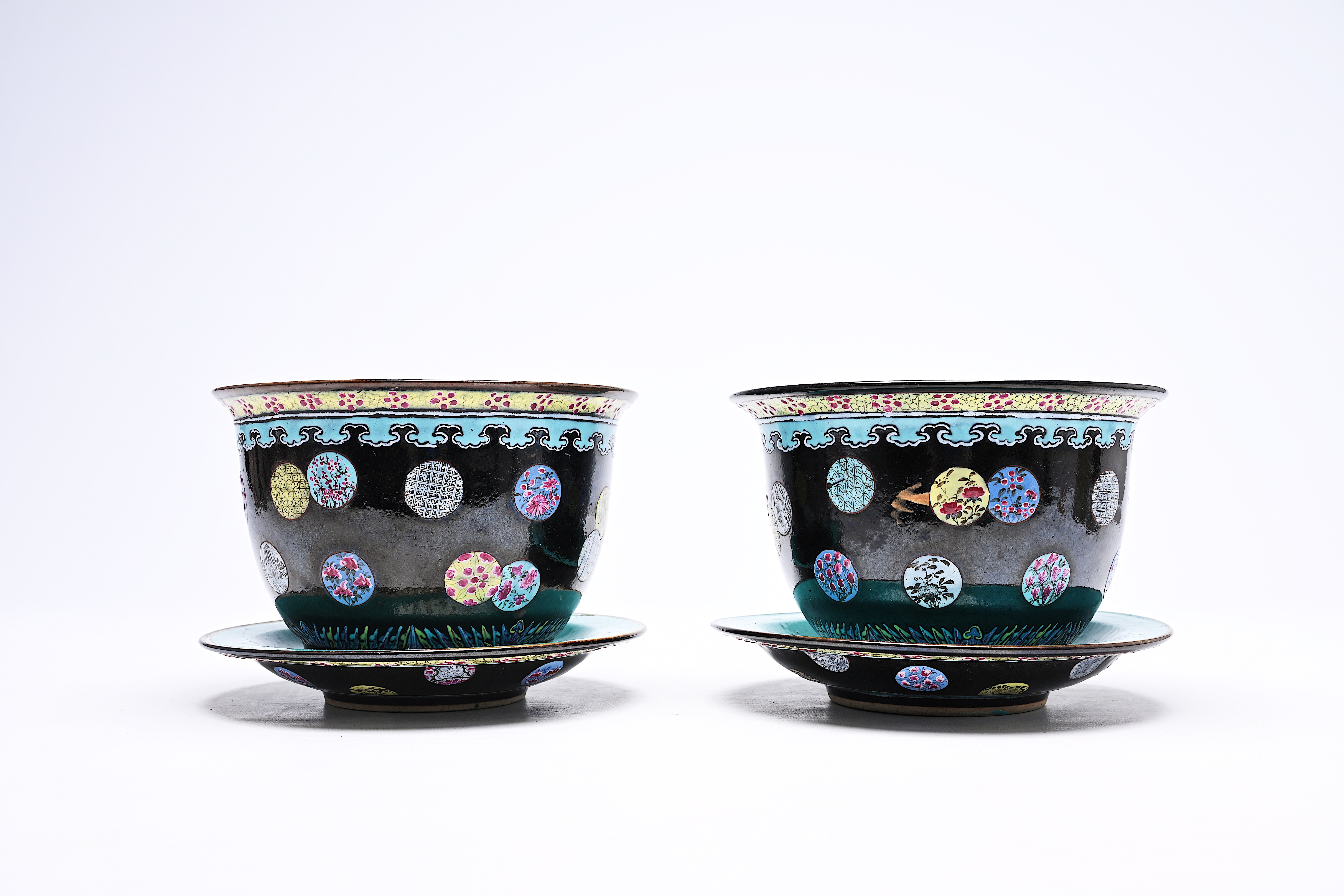 A pair of Chinese famille rose black ground jardinieres on stand with floral design, Kangxi mark, 19 - Image 6 of 14