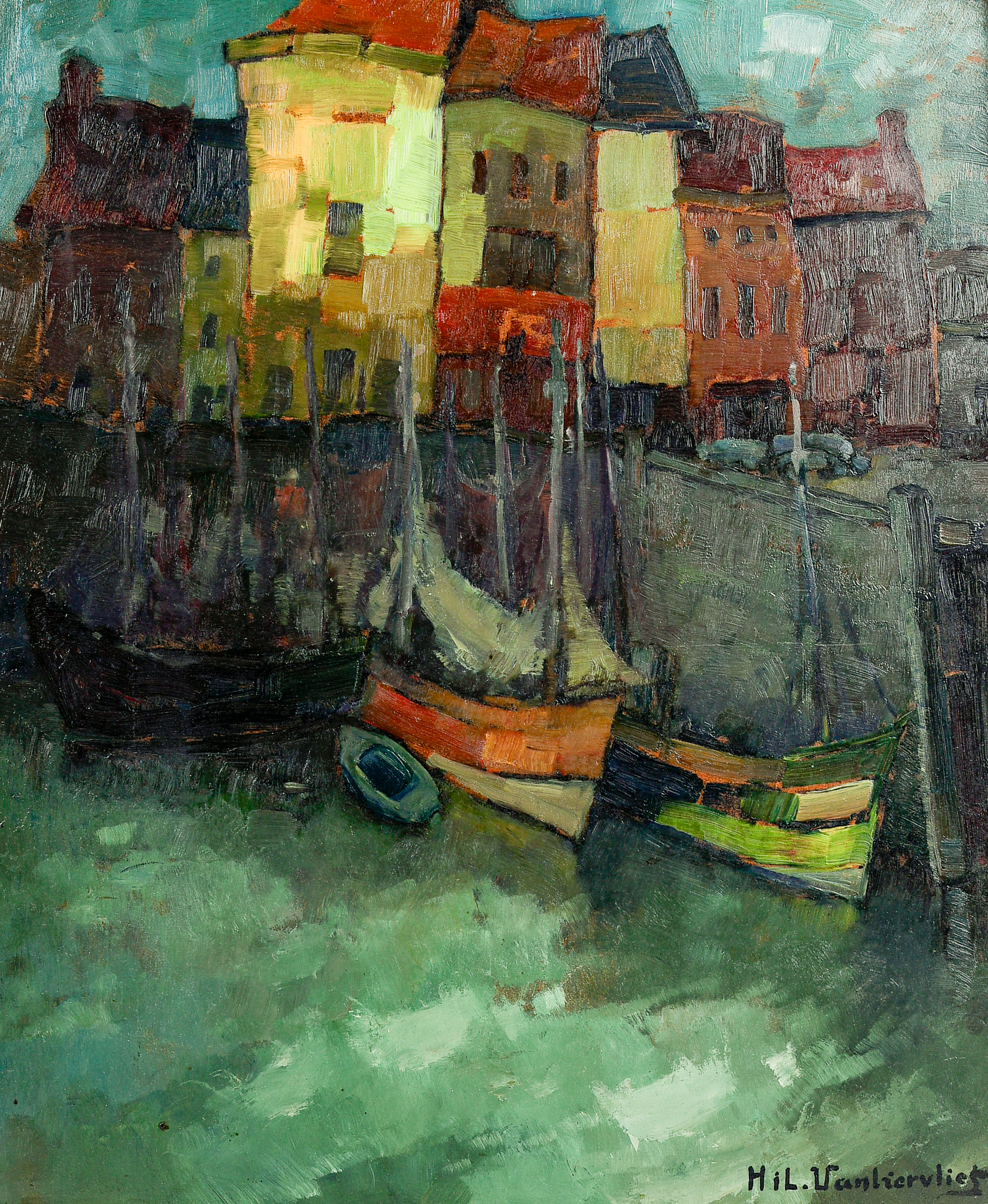 Hilaire Van Biervliet (1891-1982): A harbour view, oil on board