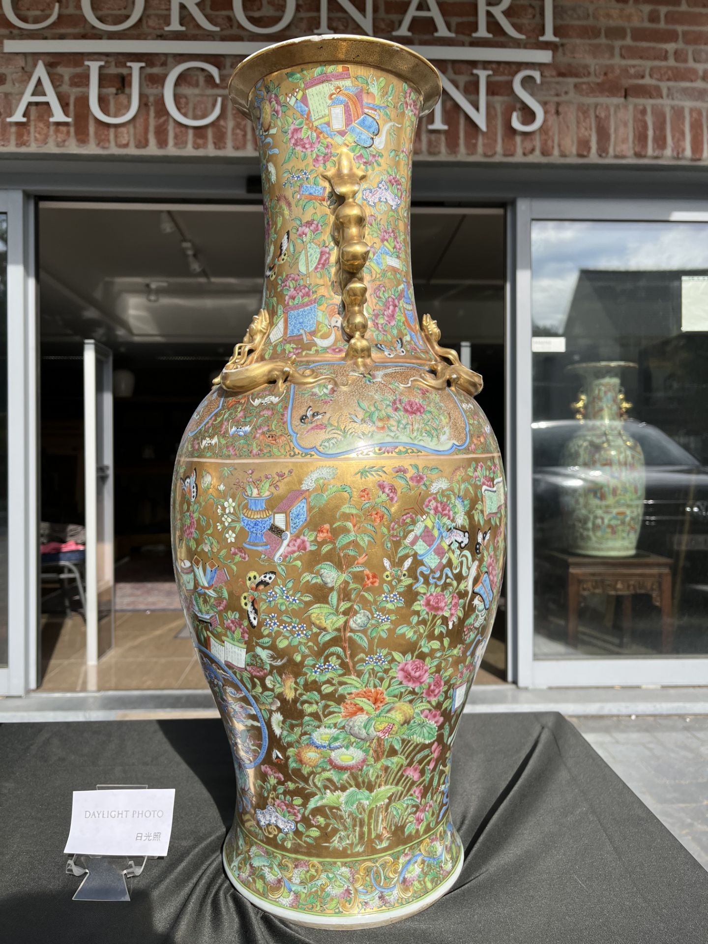 A pair of Chinese Canton famille rose gold ground vases with birds and butterflies among blossoming - Image 28 of 60