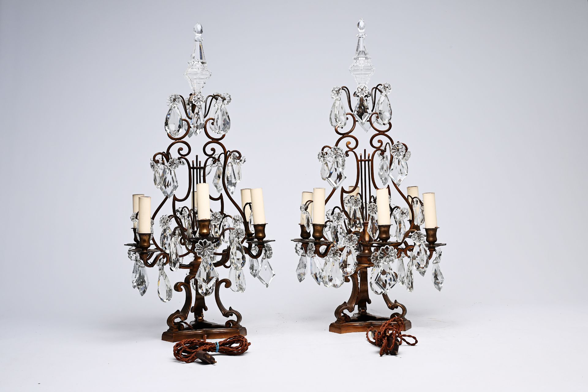 A pair of French Louis XIV style patinated bronze and cut crystal six-lights girandoles, early 20th - Image 3 of 4