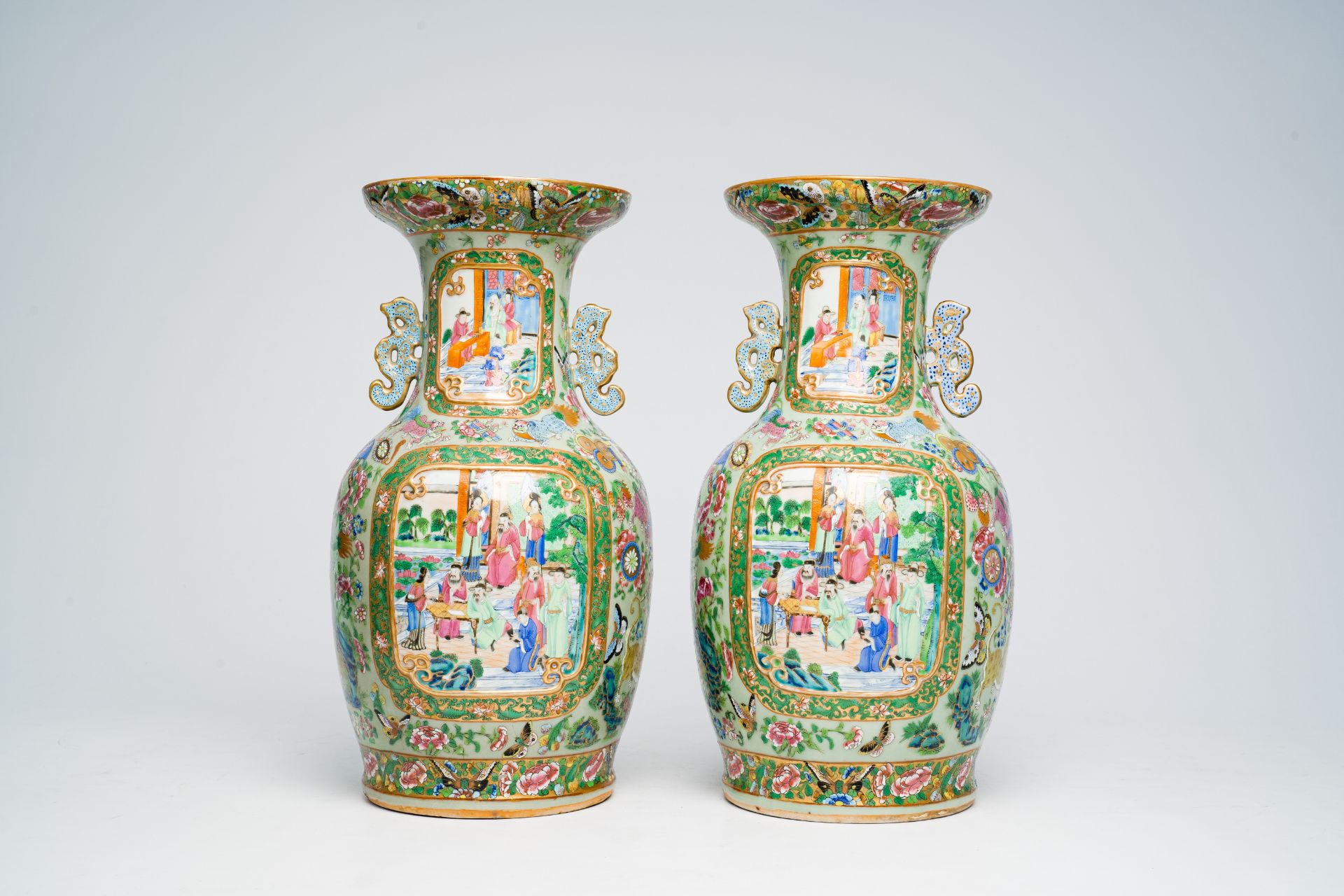 A pair of Chinese Canton famille rose celadon ground vases with palace scenes, animals and antiquiti - Image 2 of 64
