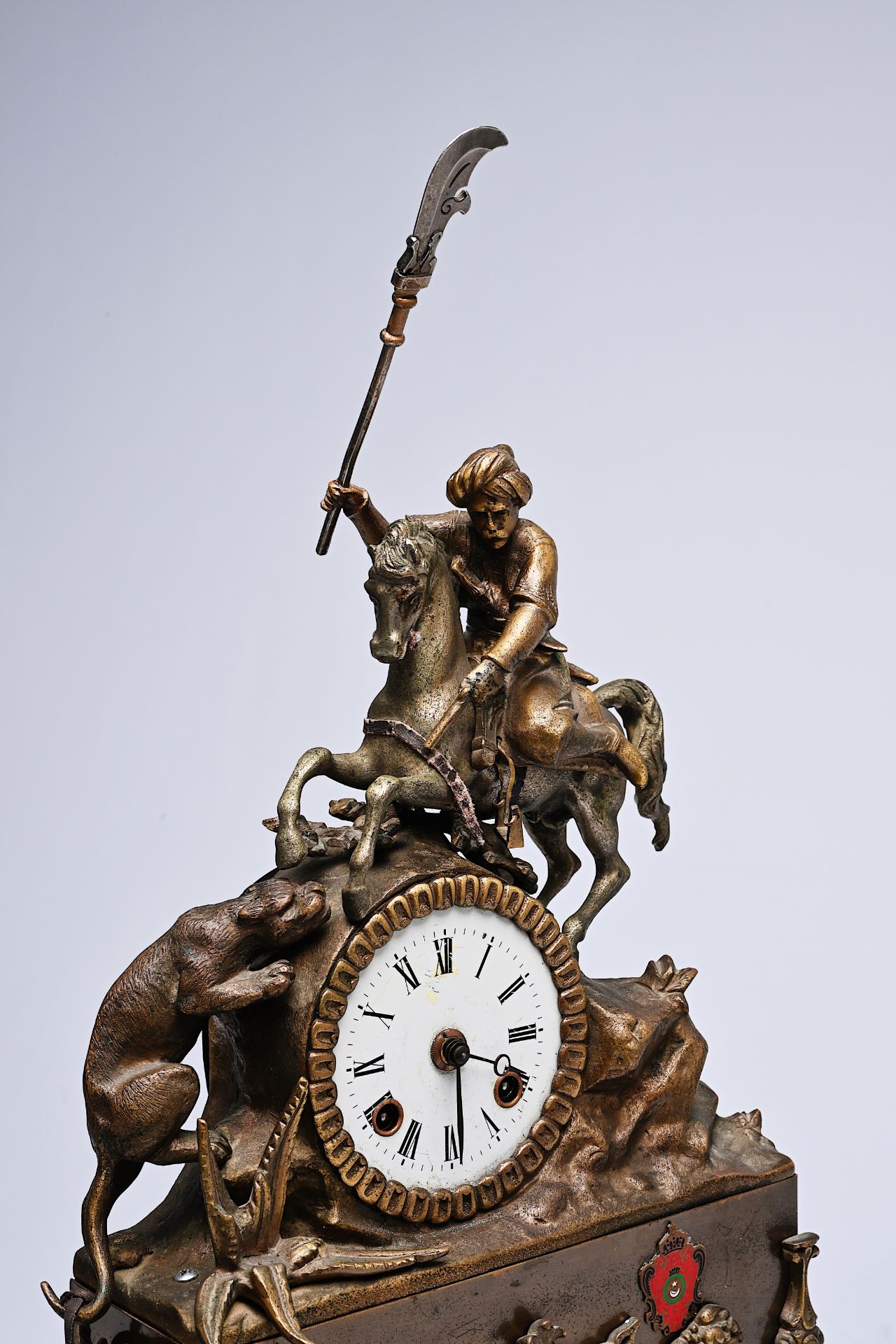 A German partly bronze mantel clock crowned with a Moorish rider on horseback, 19th/20th C. - Image 4 of 9