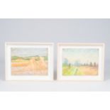 Rodolphe De Saegher (1871-1941): Two landscapes with haystacks, pastel on paper, one dated 1923