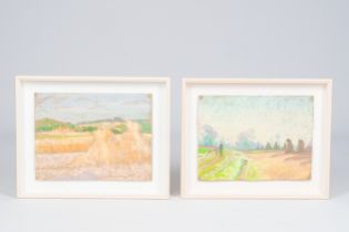 Rodolphe De Saegher (1871-1941): Two landscapes with haystacks, pastel on paper, one dated 1923