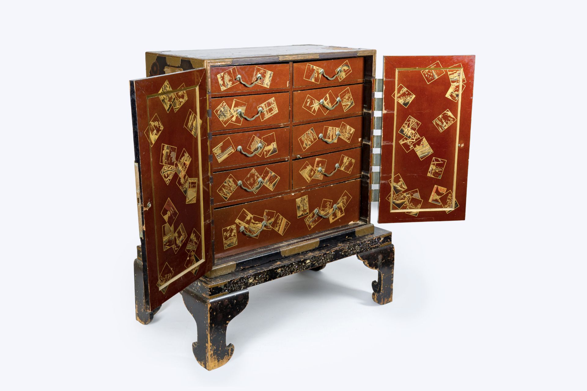 A Japanese lacquer cabinet on mother-of-pearl-inlaid stand, Meiji, 19th C.