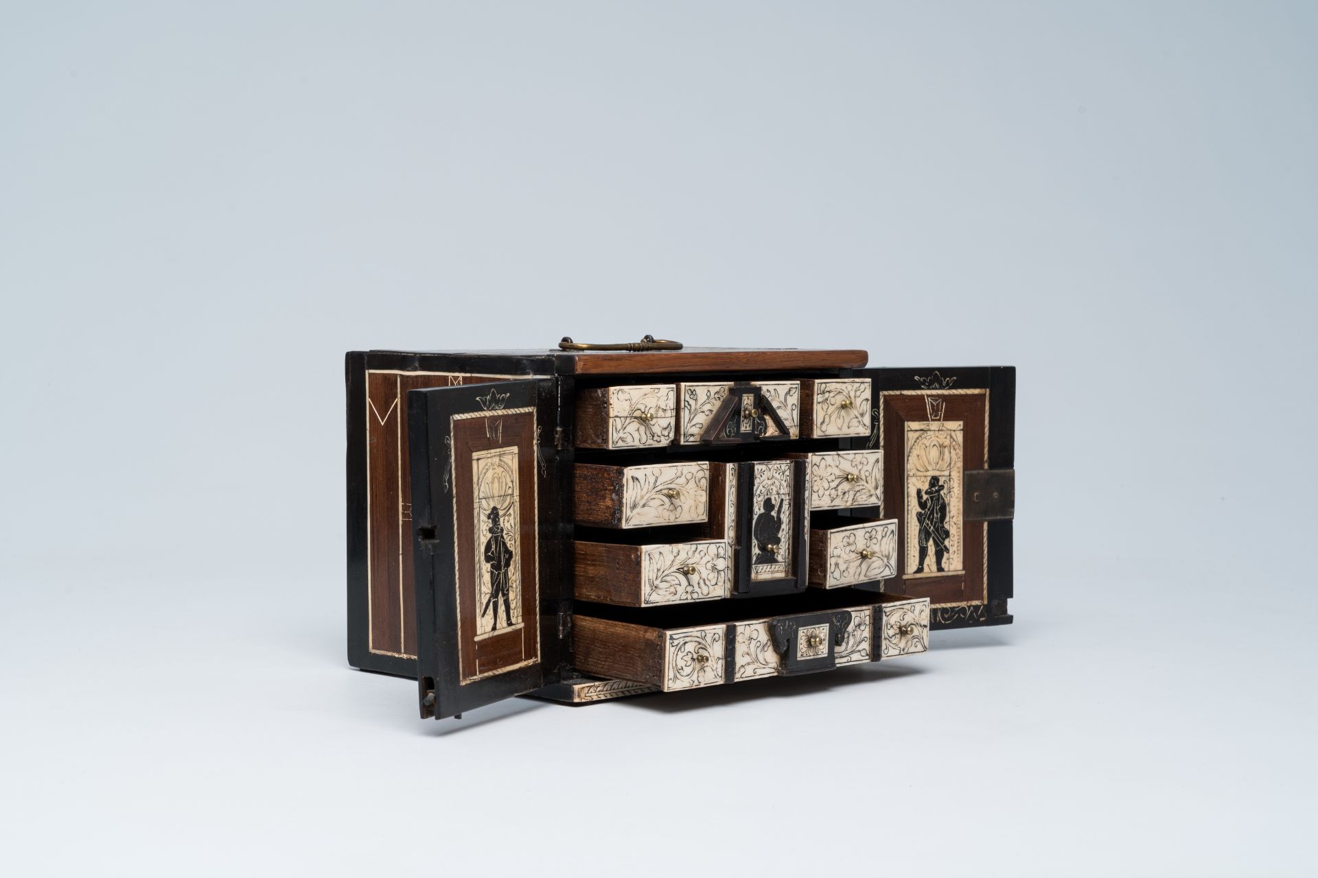 An elegant wood bone mounted miniature cabinet with figures and floral design, 17th/18th C. - Image 3 of 13