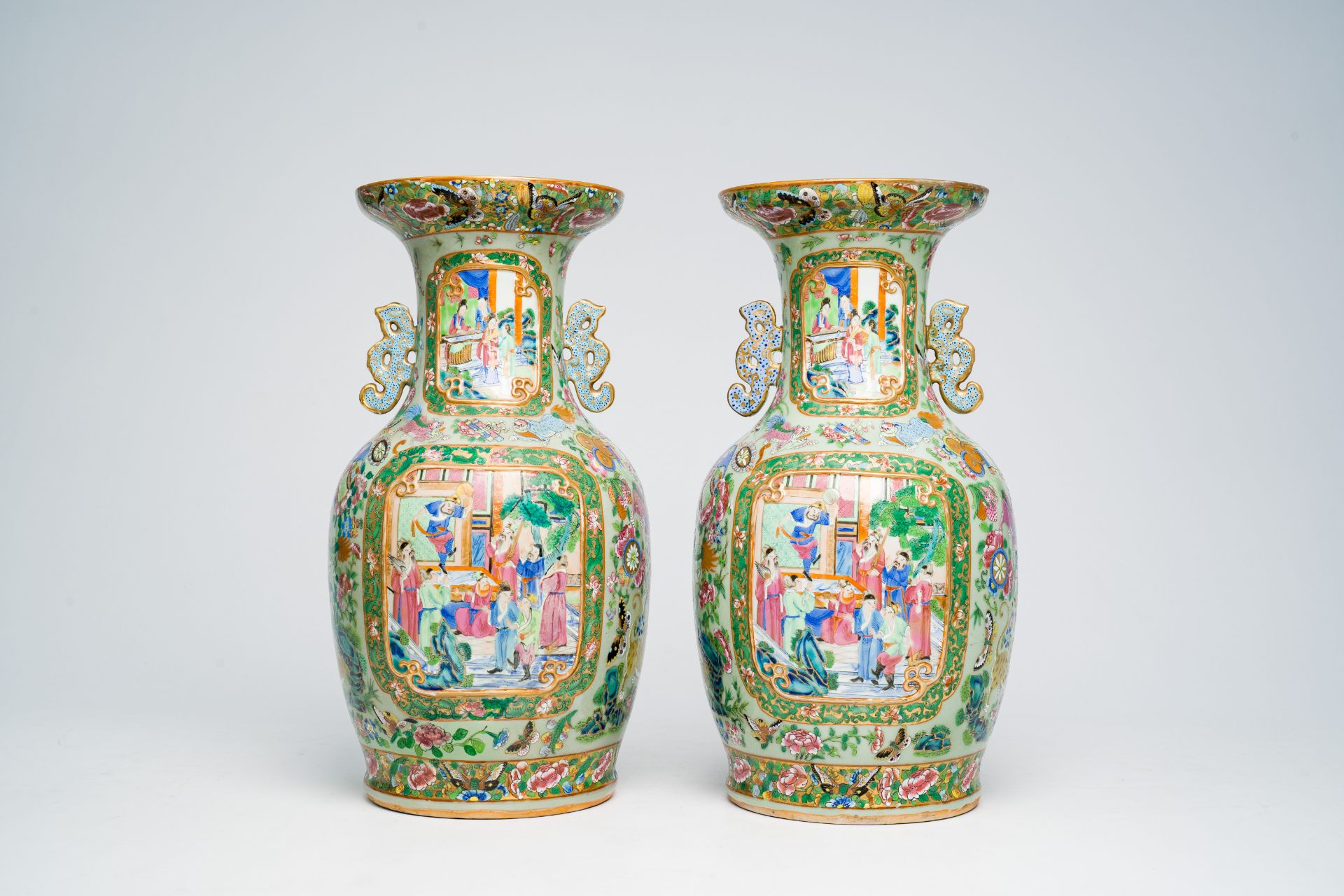 A pair of Chinese Canton famille rose celadon ground vases with palace scenes, animals and antiquiti - Image 5 of 64