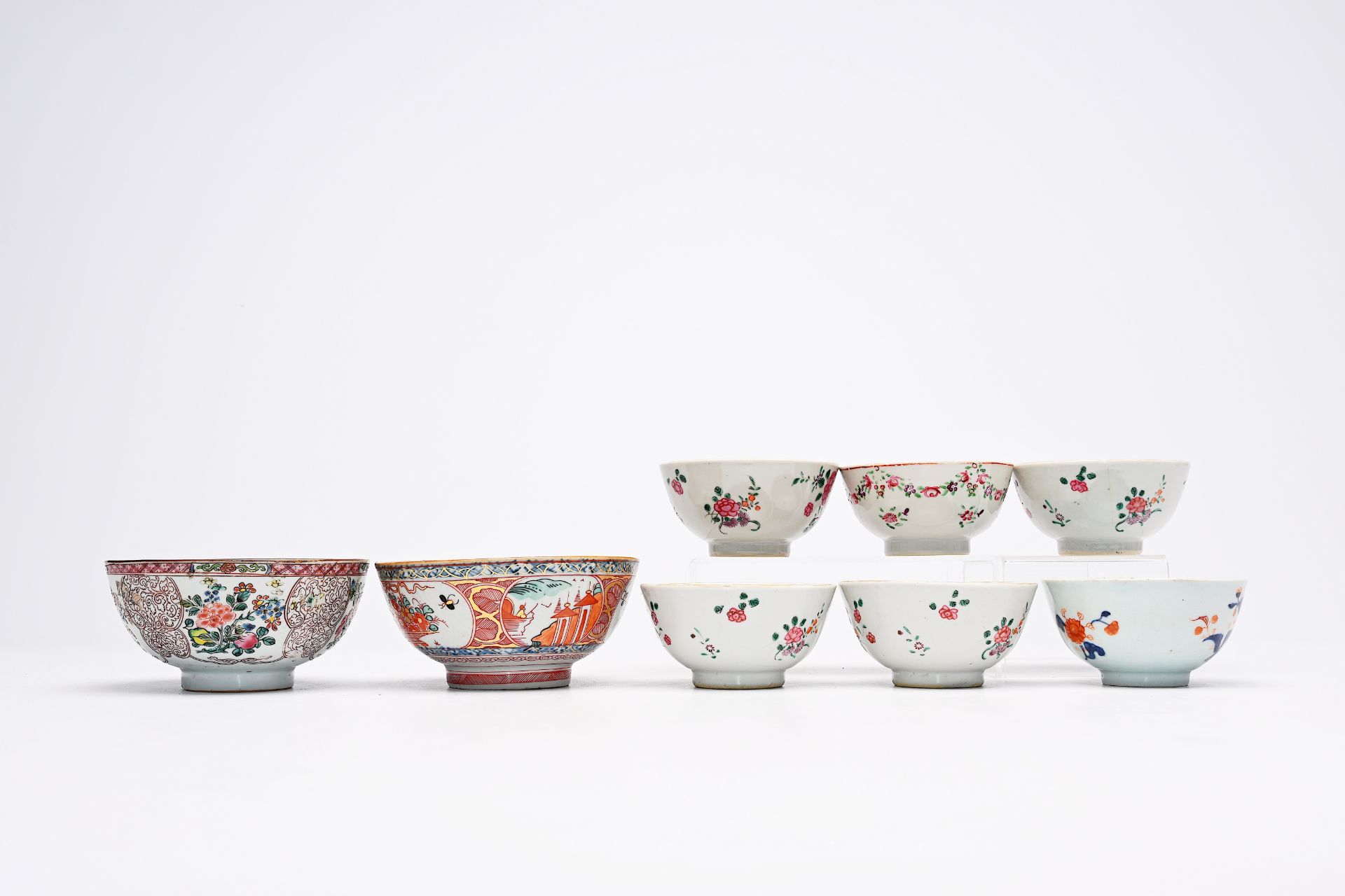Eight Chinese famille rose, Imari style and Amsterdams bont cups and bowls, Yongzheng/Qianlong - Image 5 of 12