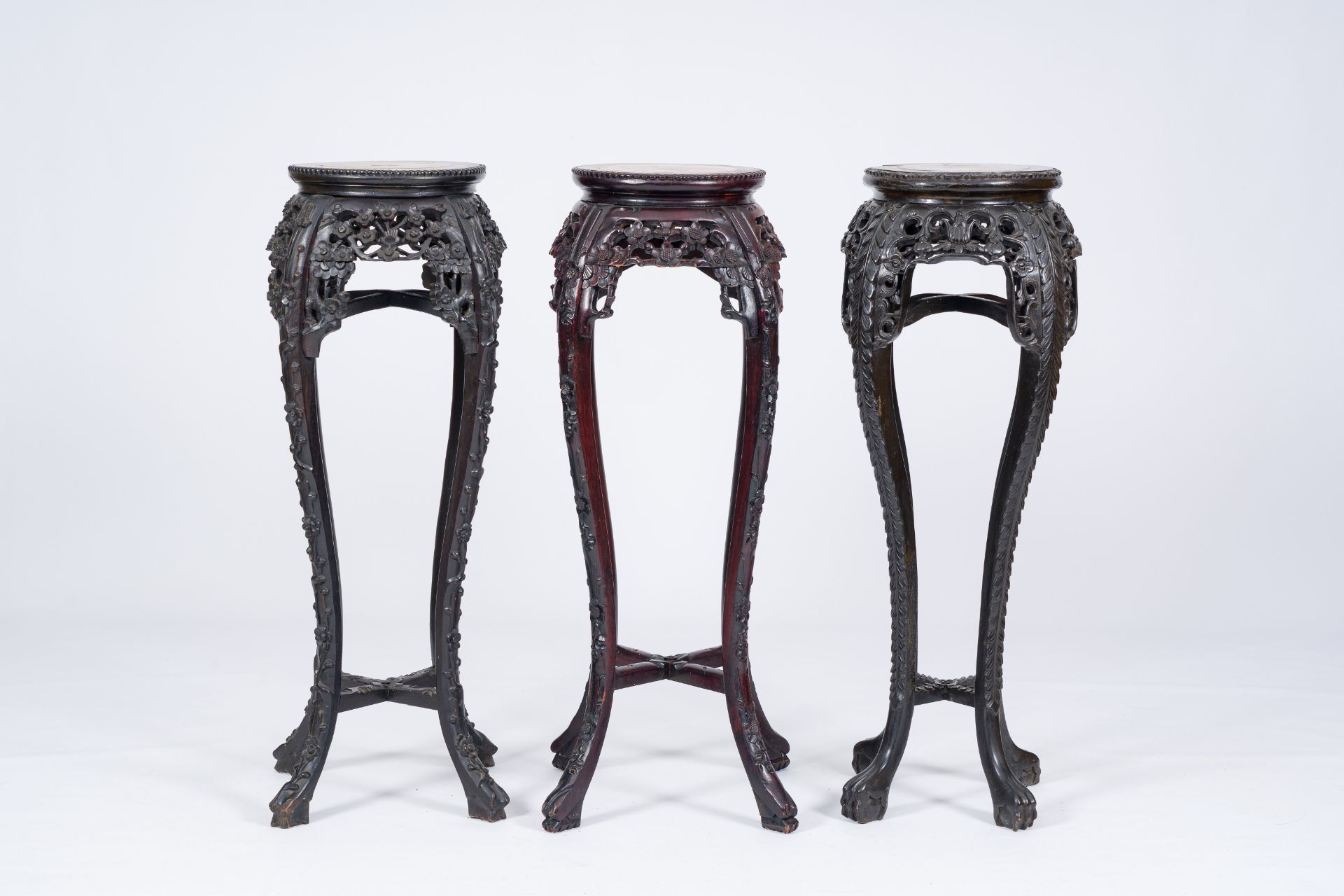 Three Chinese reticulated hardwood stands with marble tops, 19th/20th C. - Image 5 of 7