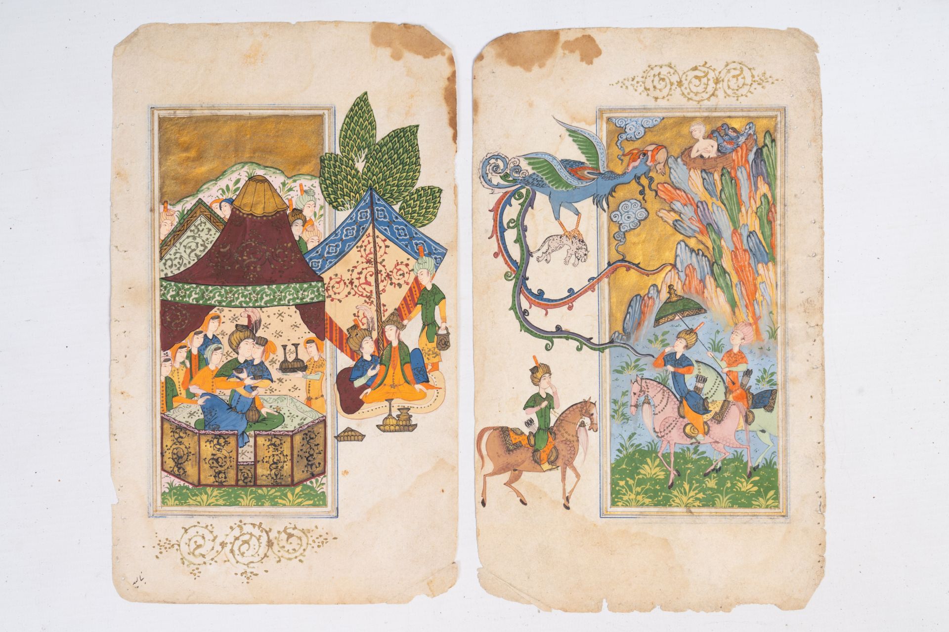 Two Persian miniature paintings, ink, colours and gilding on paper, Iran, 19th C.