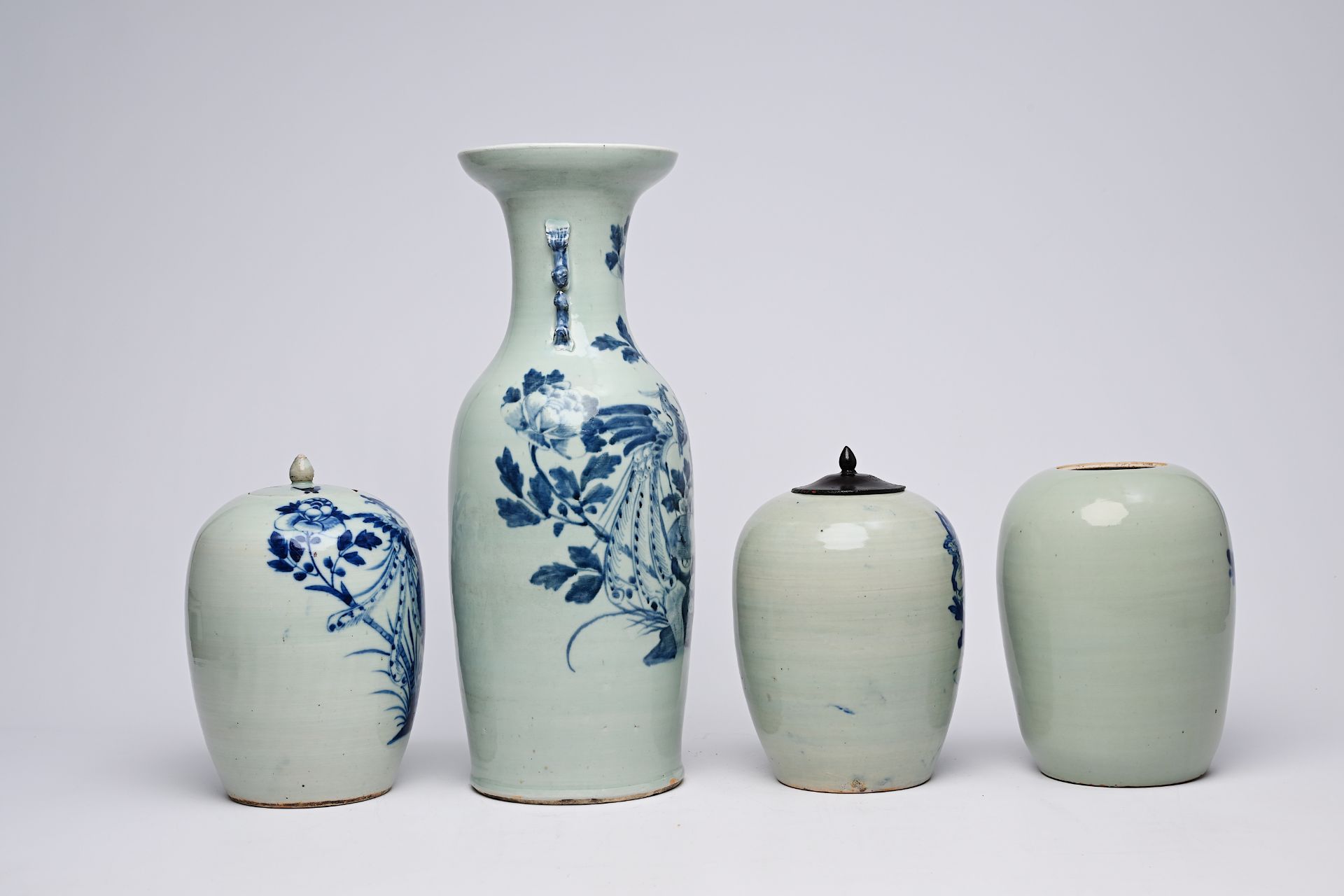 Three Chinese blue and white celadon ground ginger jars and a vase with phoenixes among blossoming b - Image 8 of 12
