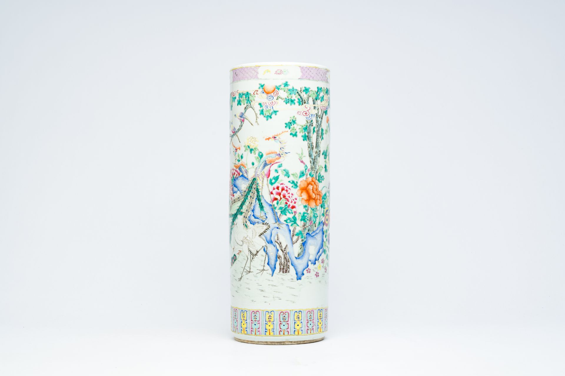 A Chinese cylindrical famille rose vase with birds among blossoming branches, 19th C. - Image 2 of 12