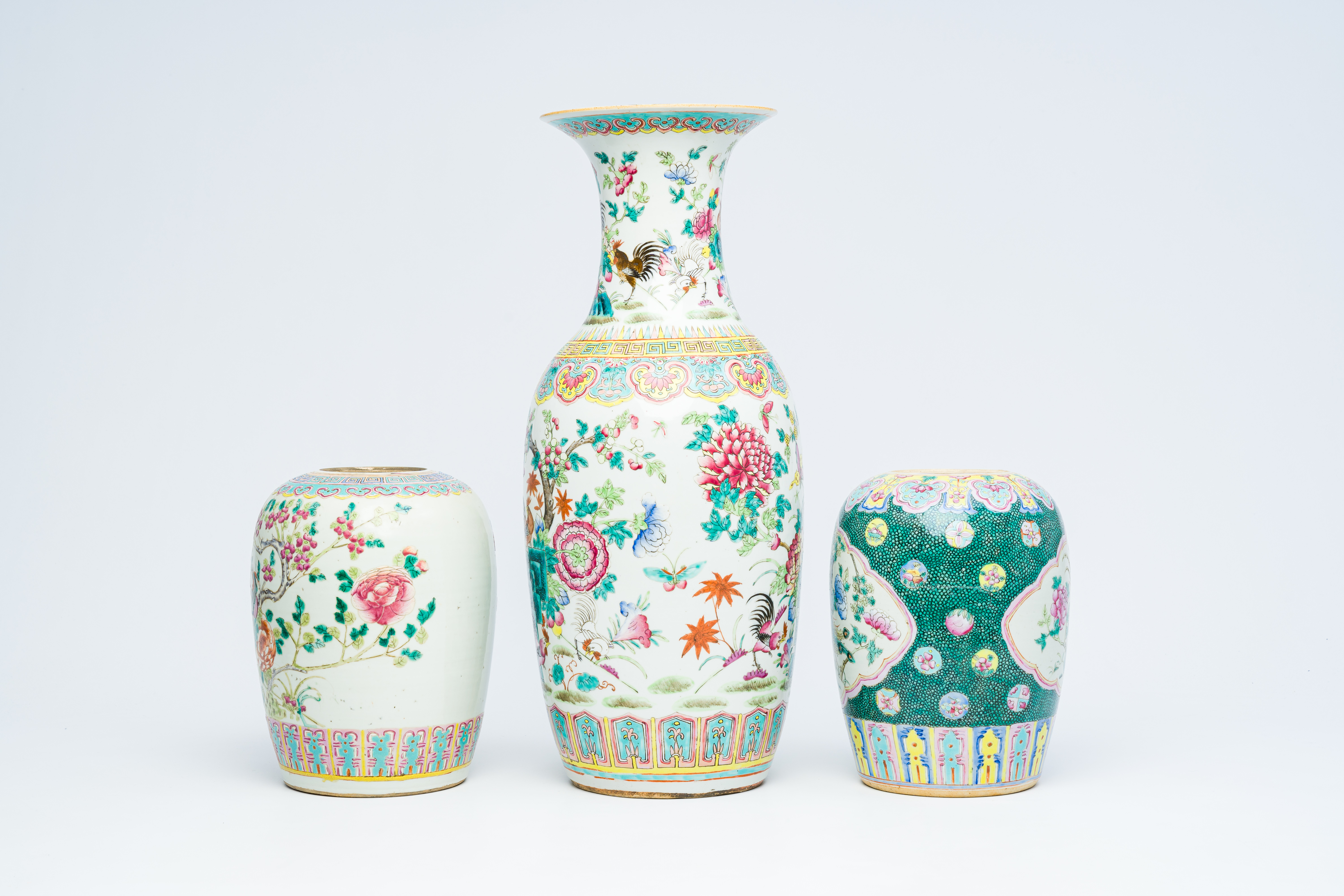 A Chinese famille rose vase and two ginger jars with birds among blossoming branches, 19th C. - Image 4 of 12