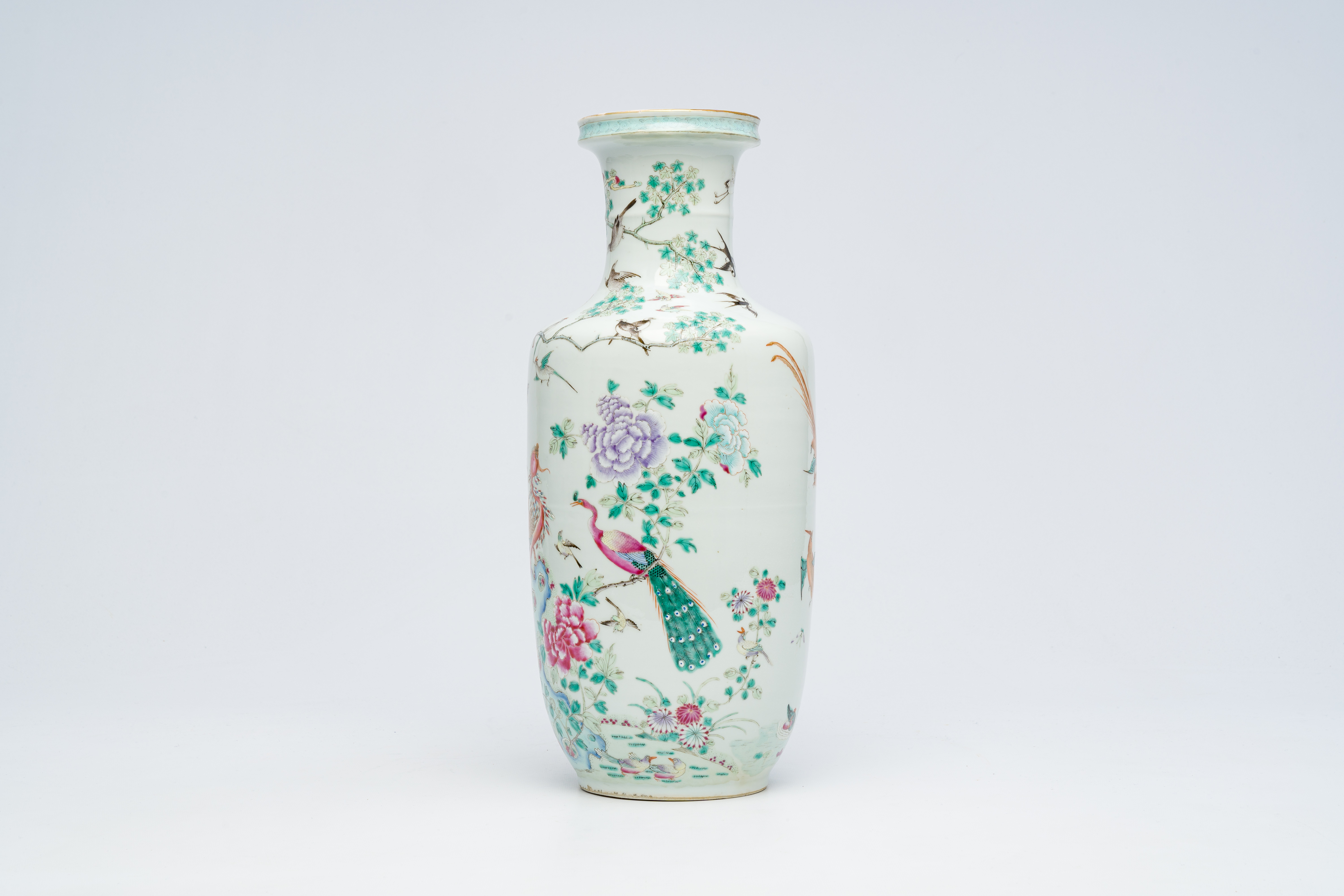 A Chinese famille rose rouleau vase with birds among blossoming branches, 19th C. - Image 2 of 7