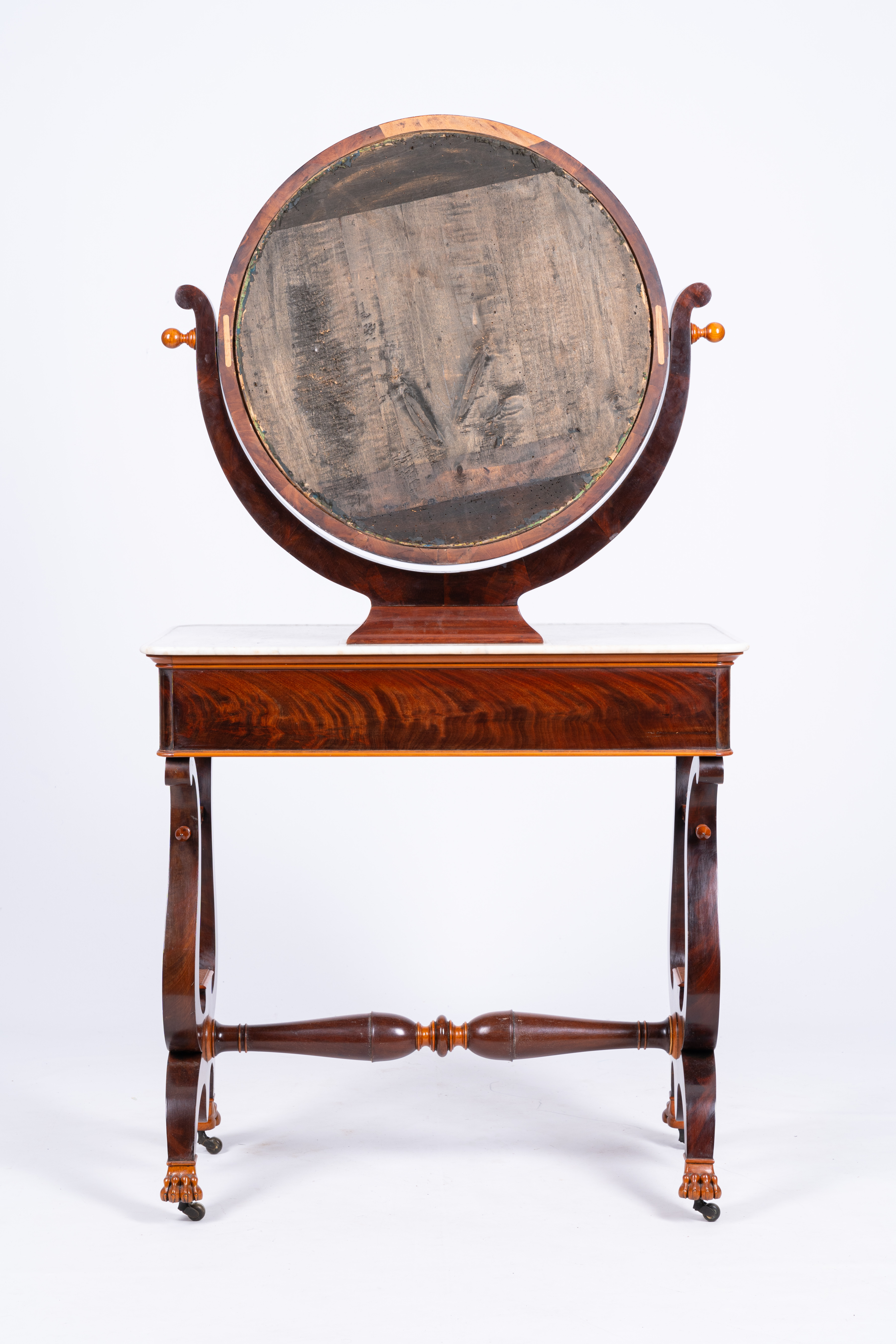 A mahogany toiletry table with lyre harp shaped base and marble top, 19th C. - Image 6 of 6