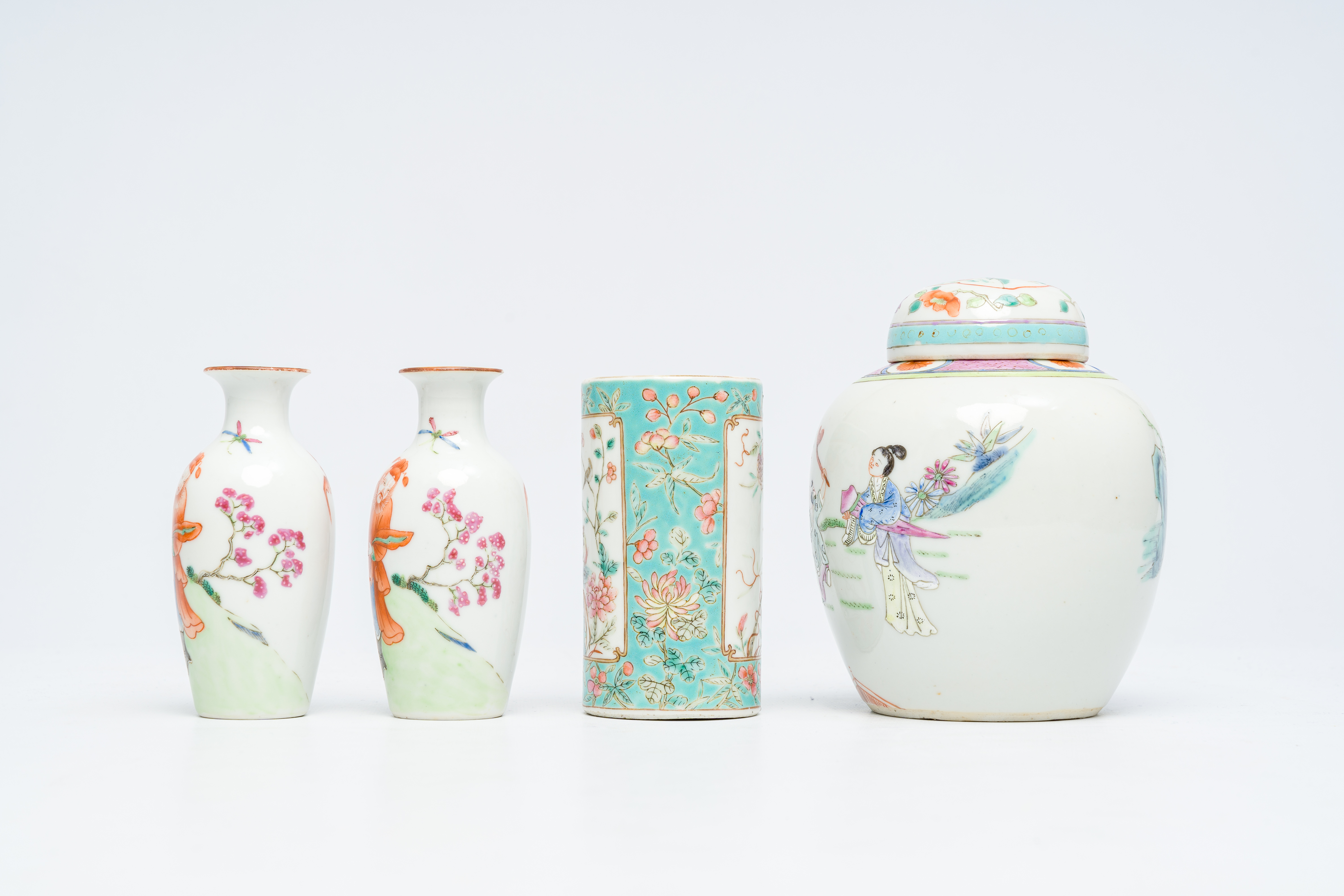 A Chinese famille rose brush pot, a jar and cover with figures in a garden and a pair of 'Immortals' - Image 5 of 14